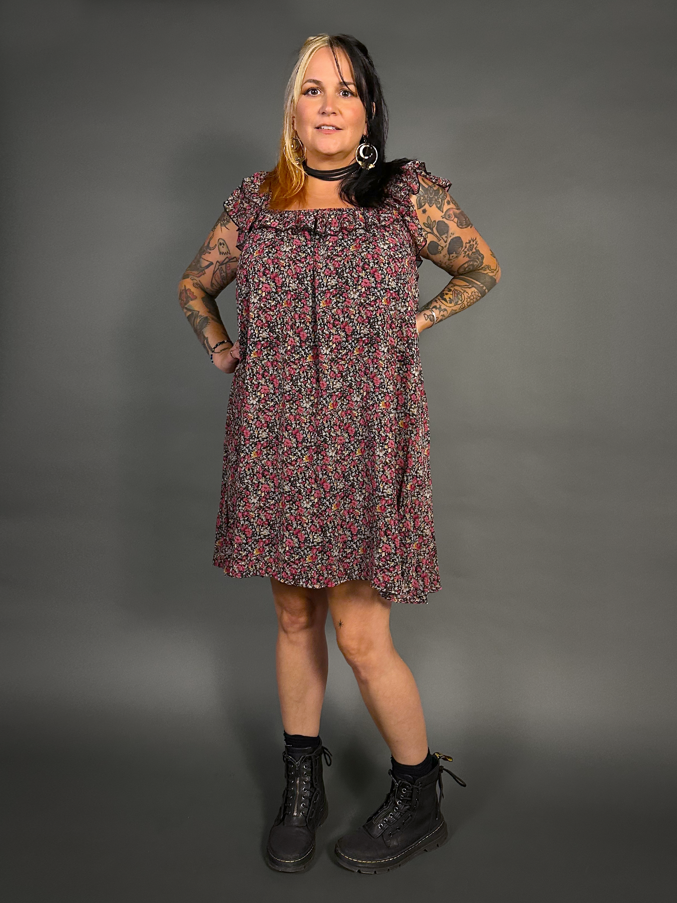 90s Style Ruffled Square Neck Lined Floral Print Babydoll Dress