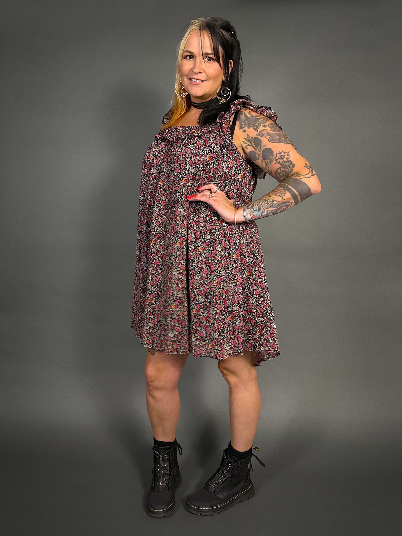 90s Style Ruffled Square Neck Lined Floral Print Babydoll Dress