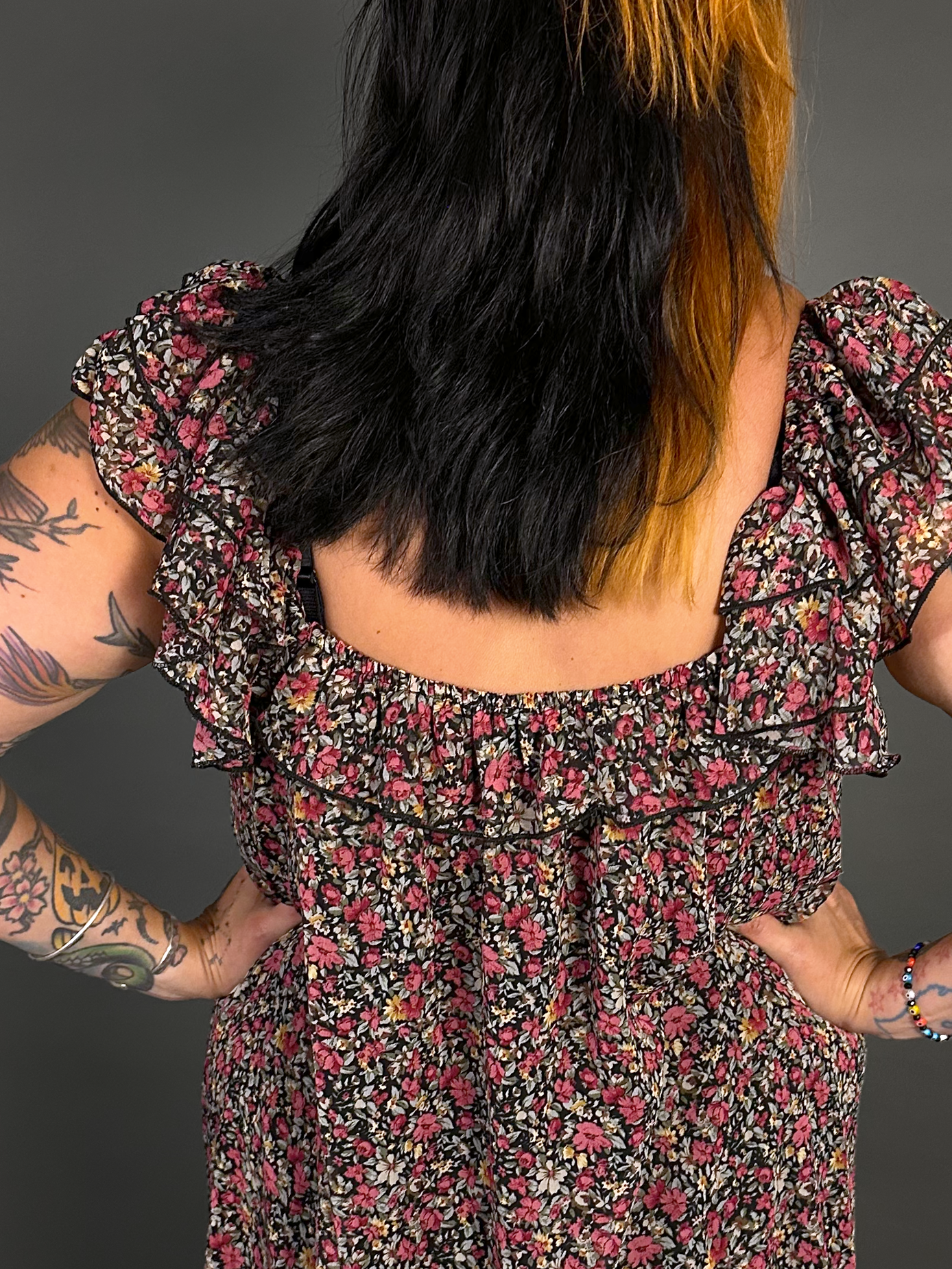 90s Style Ruffled Square Neck Lined Floral Print Babydoll Dress