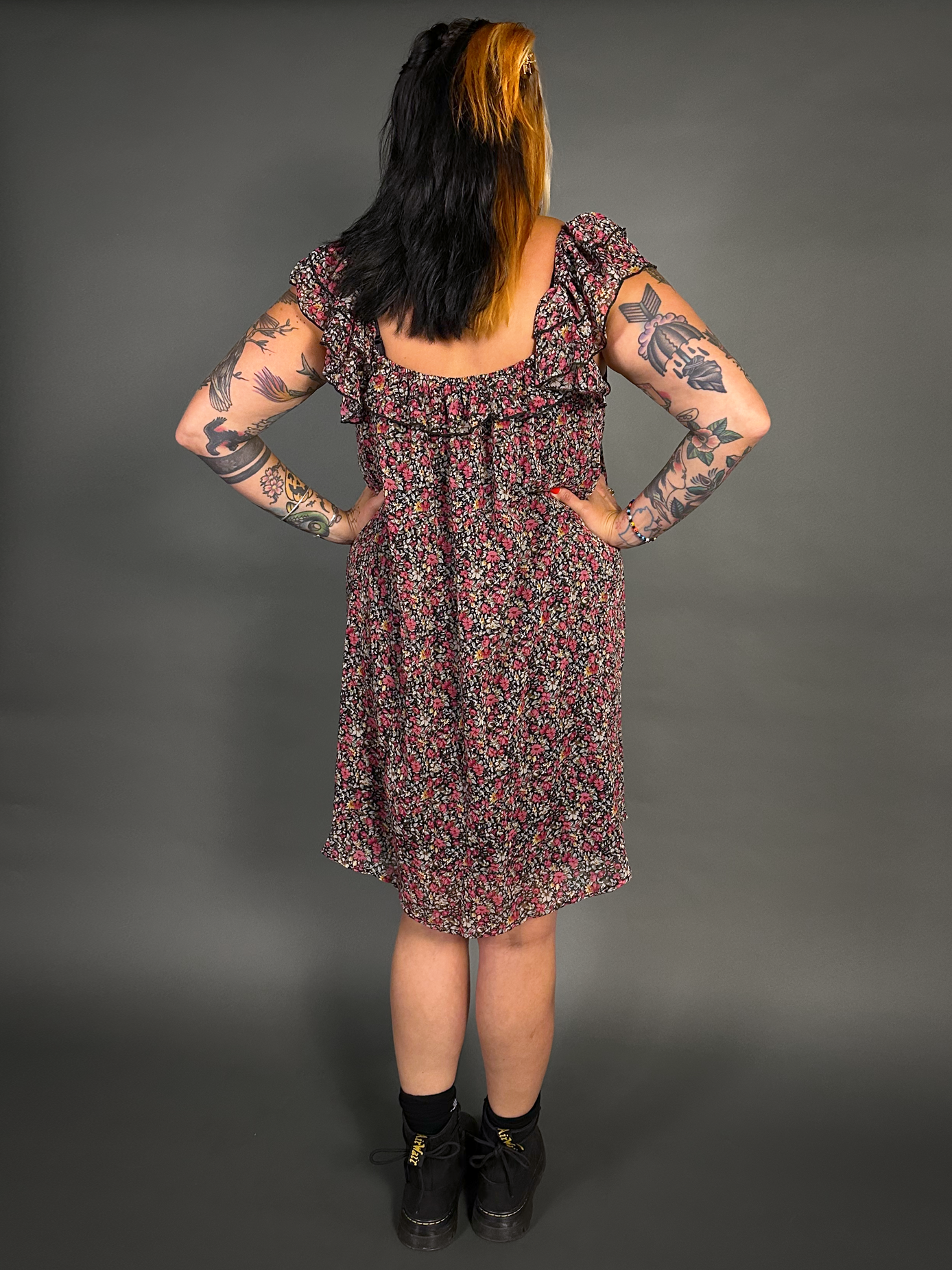 90s Style Ruffled Square Neck Lined Floral Print Babydoll Dress