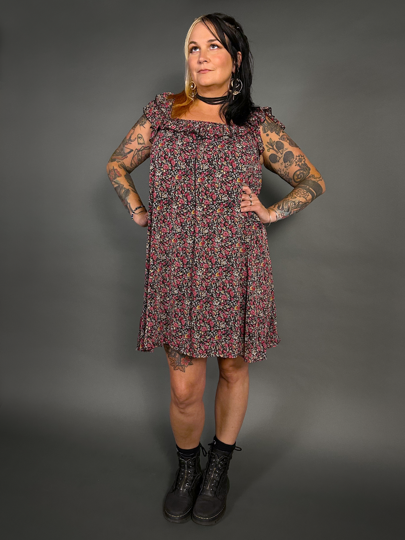 90s Style Ruffled Square Neck Lined Floral Print Babydoll Dress