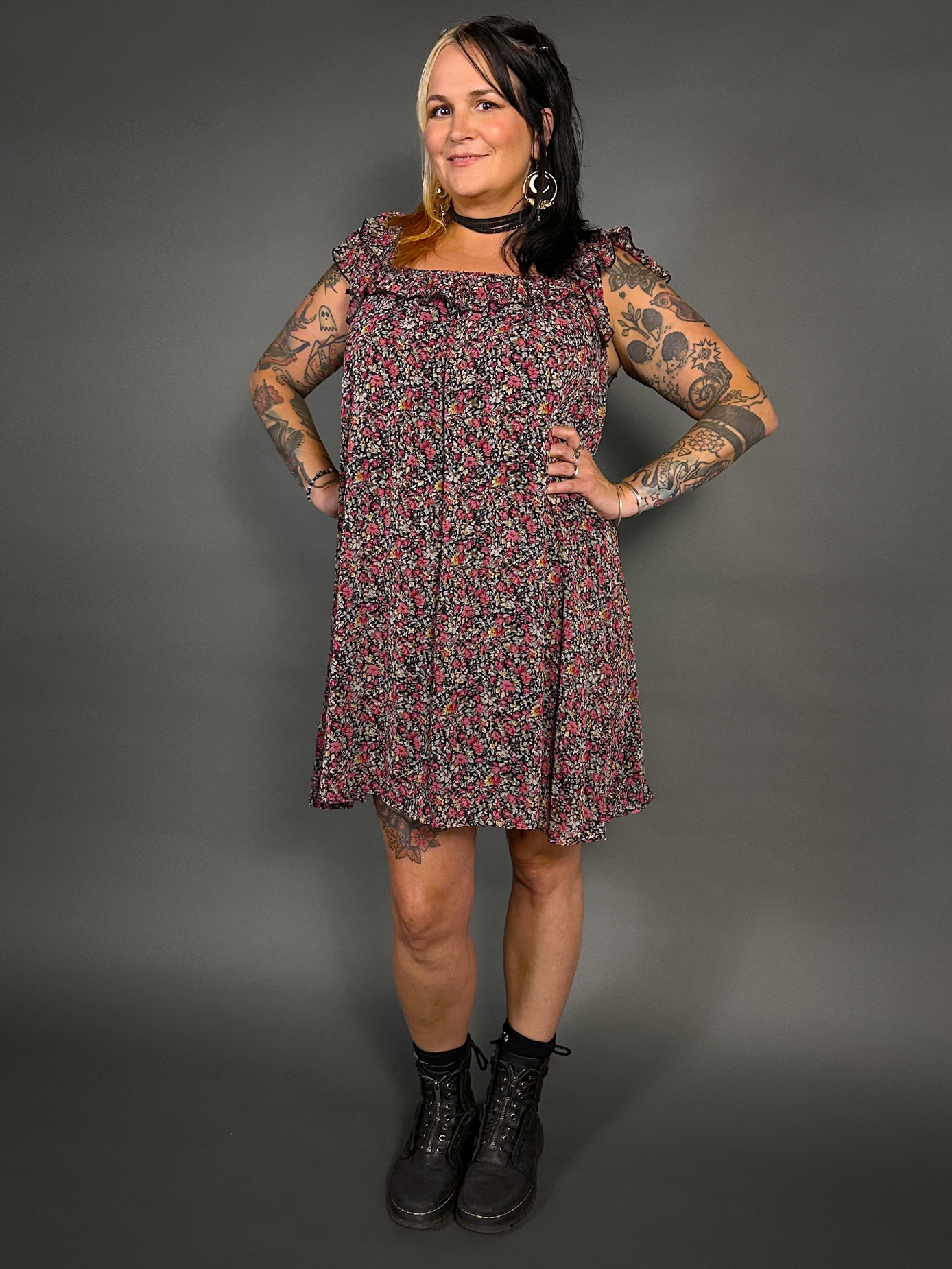 90s Style Ruffled Square Neck Lined Floral Print Babydoll Dress