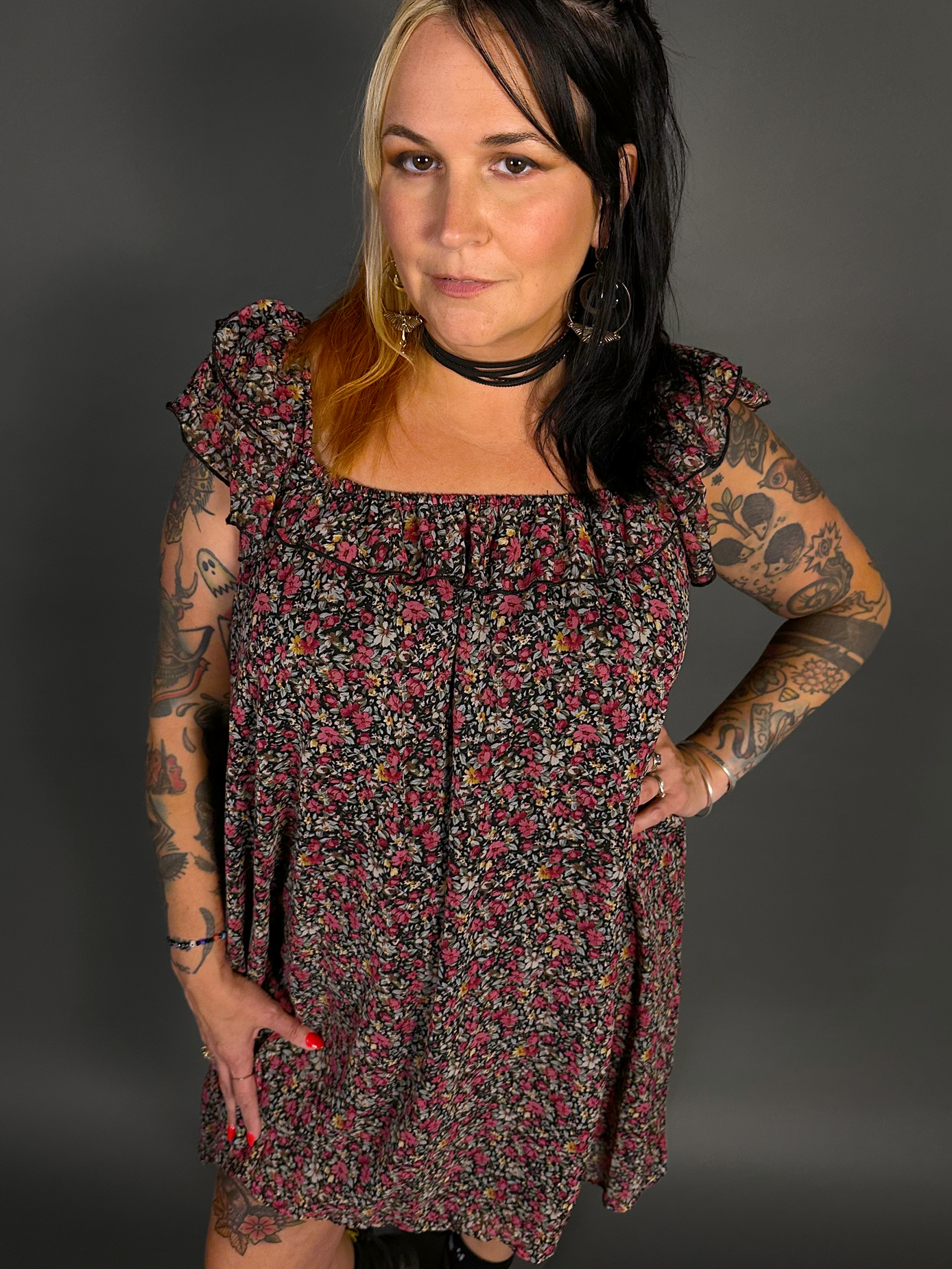 90s Style Ruffled Square Neck Lined Floral Print Babydoll Dress