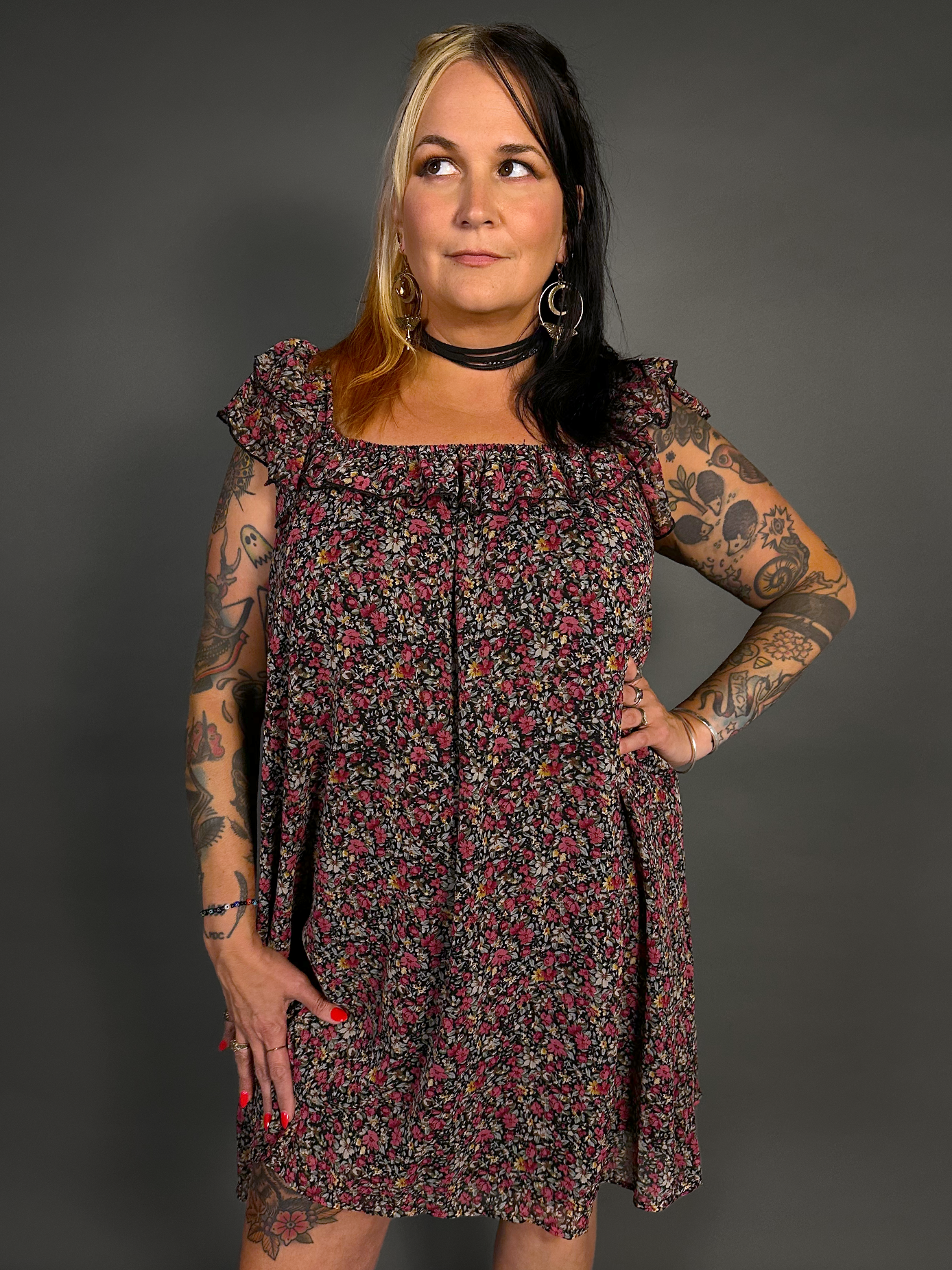 90s Style Ruffled Square Neck Lined Floral Print Babydoll Dress