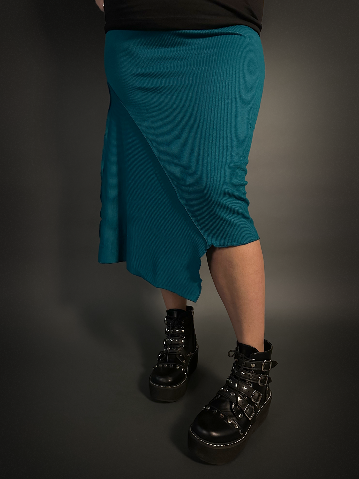 Asymmetrical Stretch Midi Skirt in Dark Emerald Blue - Alt Style