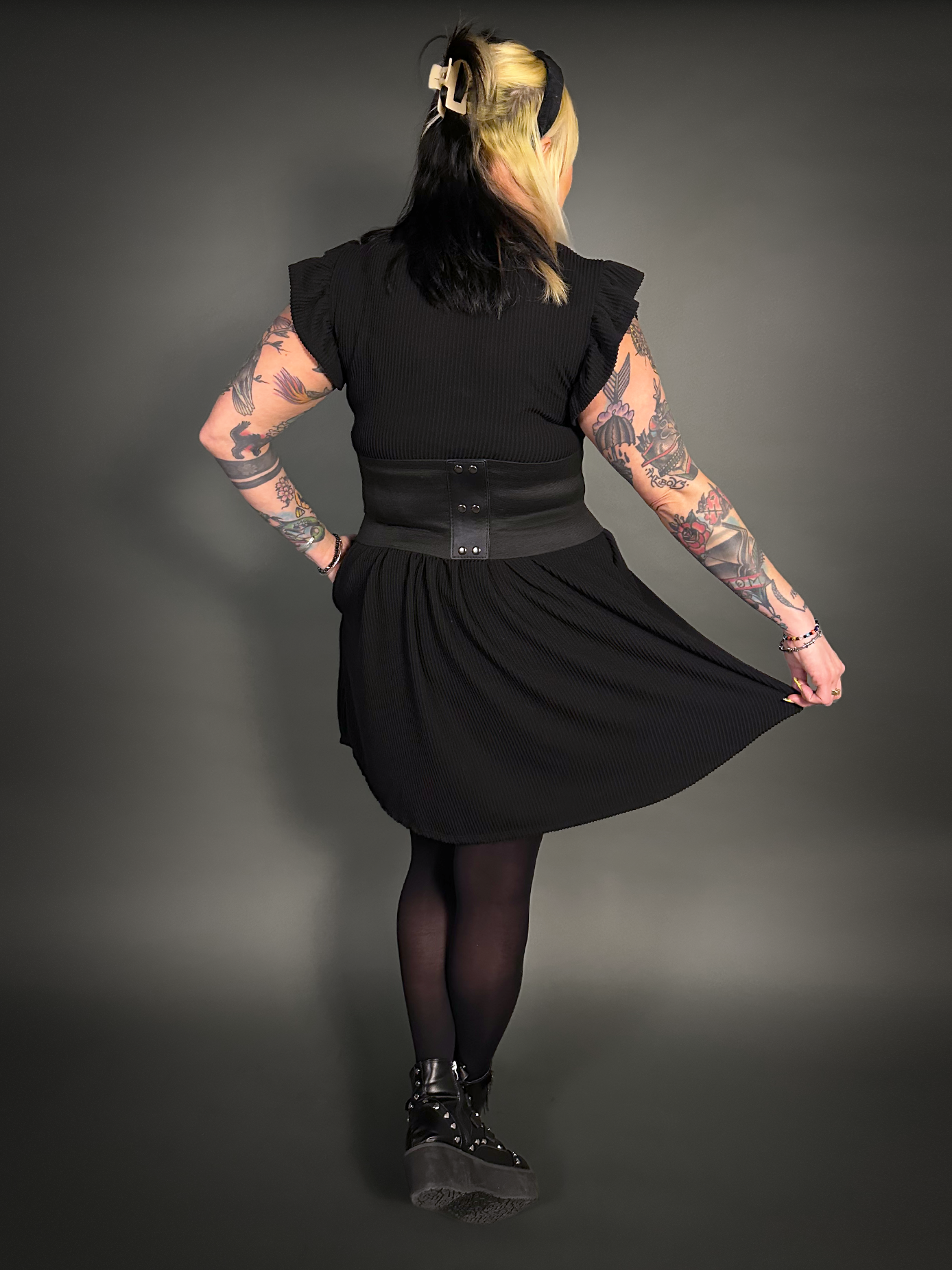 Black Faux Leather Extra Wide Front Laces Corset Belt with Elastic Back