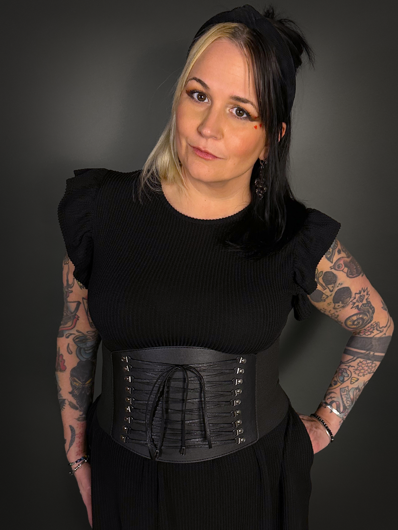 Black Faux Leather Extra Wide Front Laces Corset Belt with Elastic Back