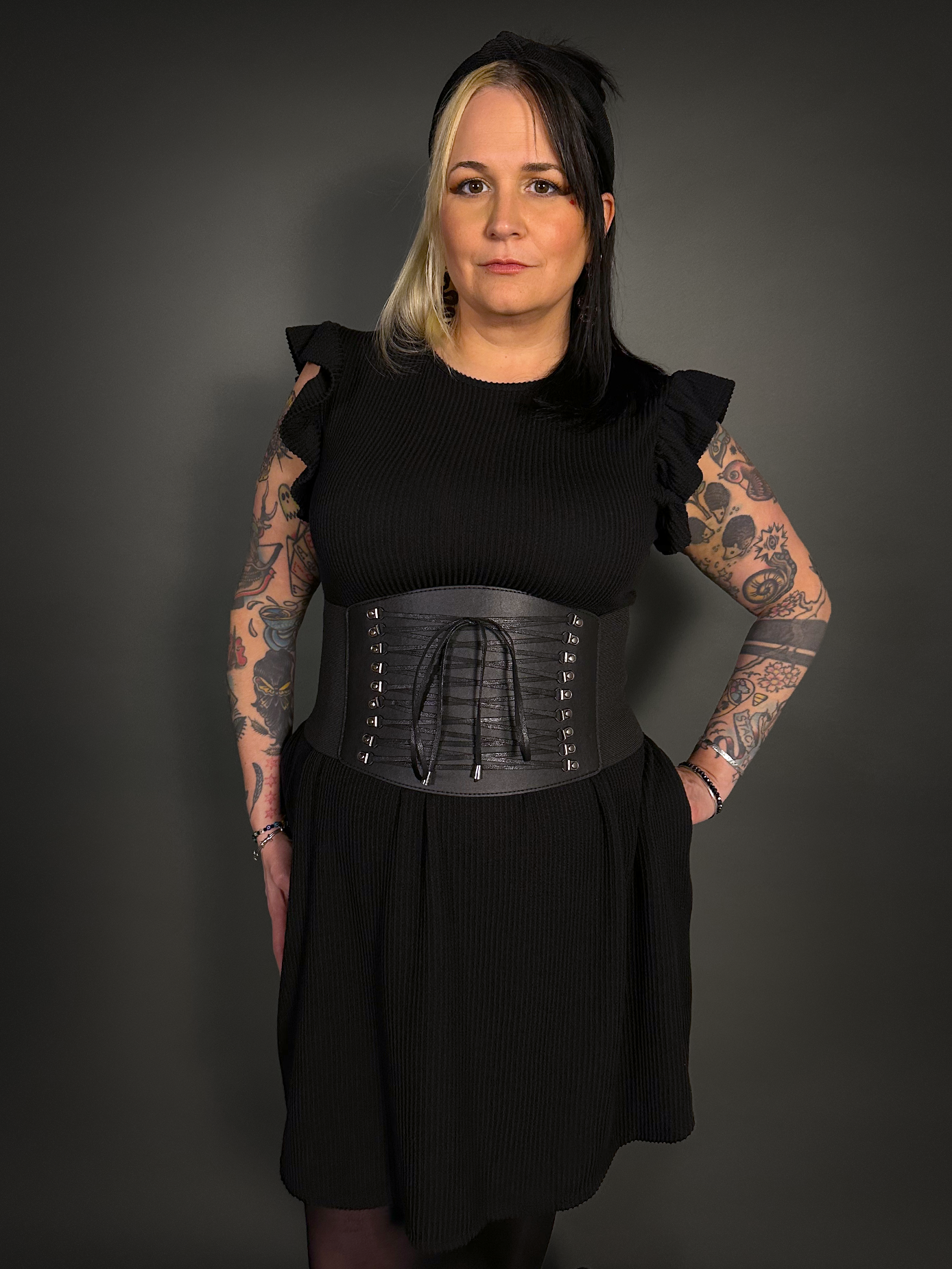 Black Faux Leather Extra Wide Front Laces Corset Belt with Elastic Back