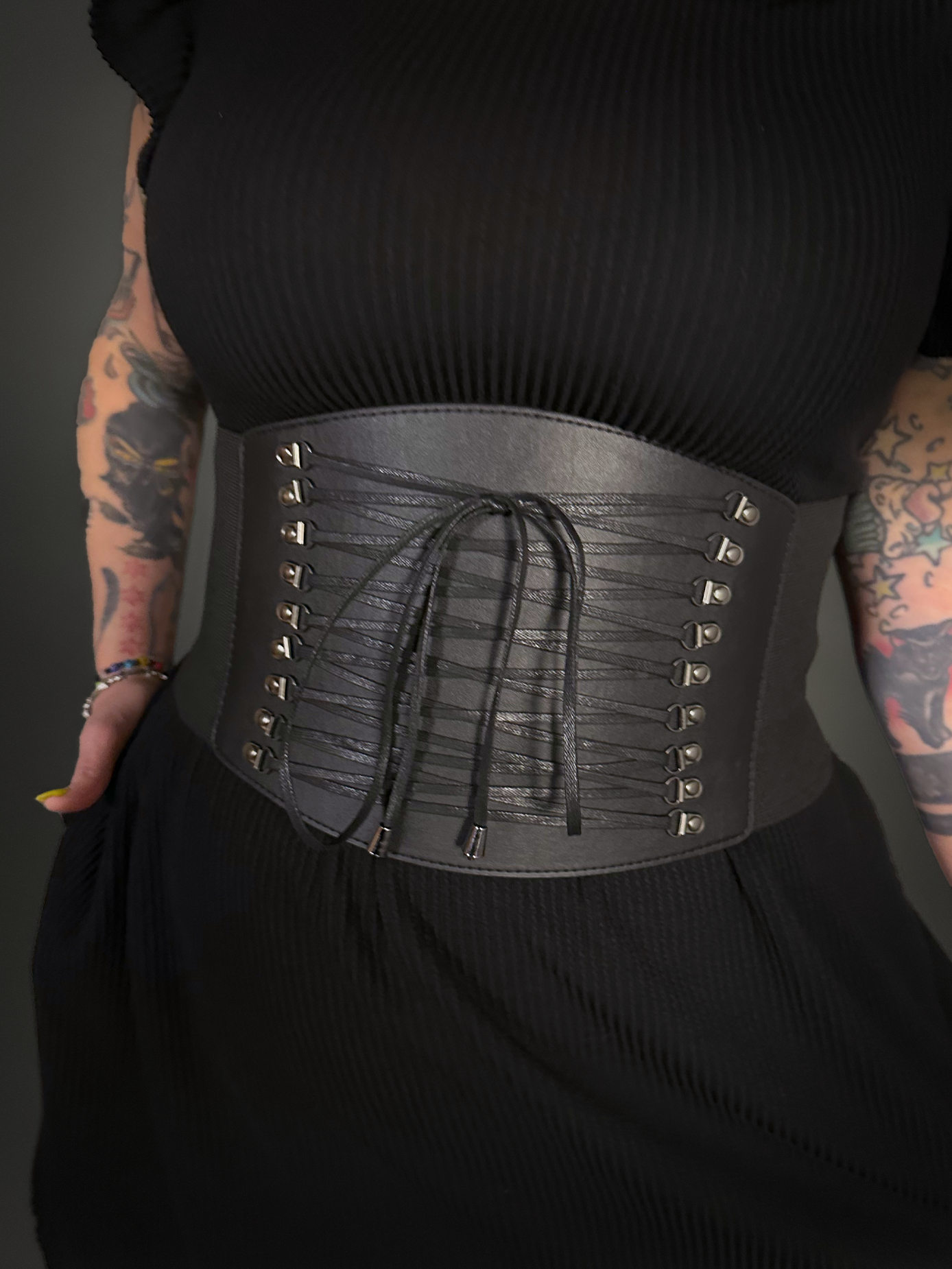 Black Faux Leather Extra Wide Front Laces Corset Belt with Elastic Back