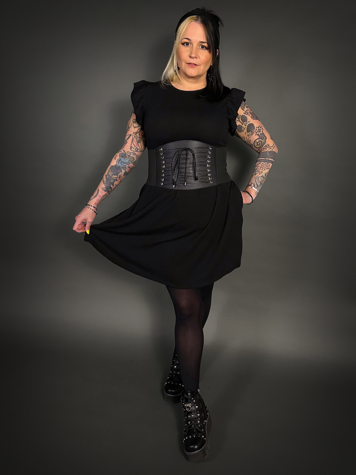 Black Faux Leather Extra Wide Front Laces Corset Belt with Elastic Back