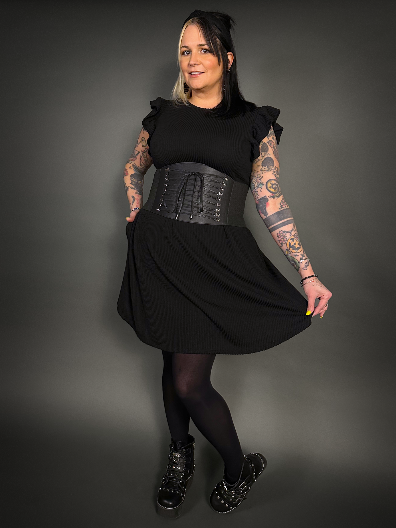 Black Faux Leather Extra Wide Front Laces Corset Belt with Elastic Back