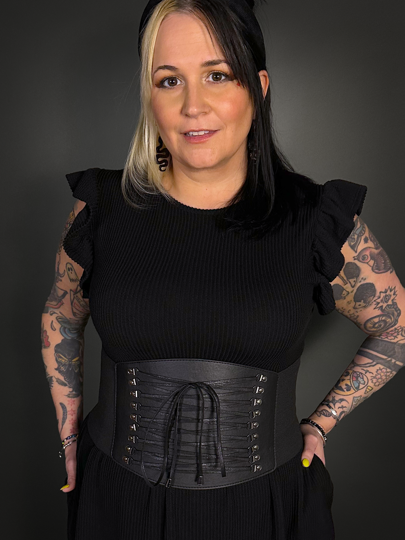 Black Faux Leather Extra Wide Front Laces Corset Belt with Elastic Back