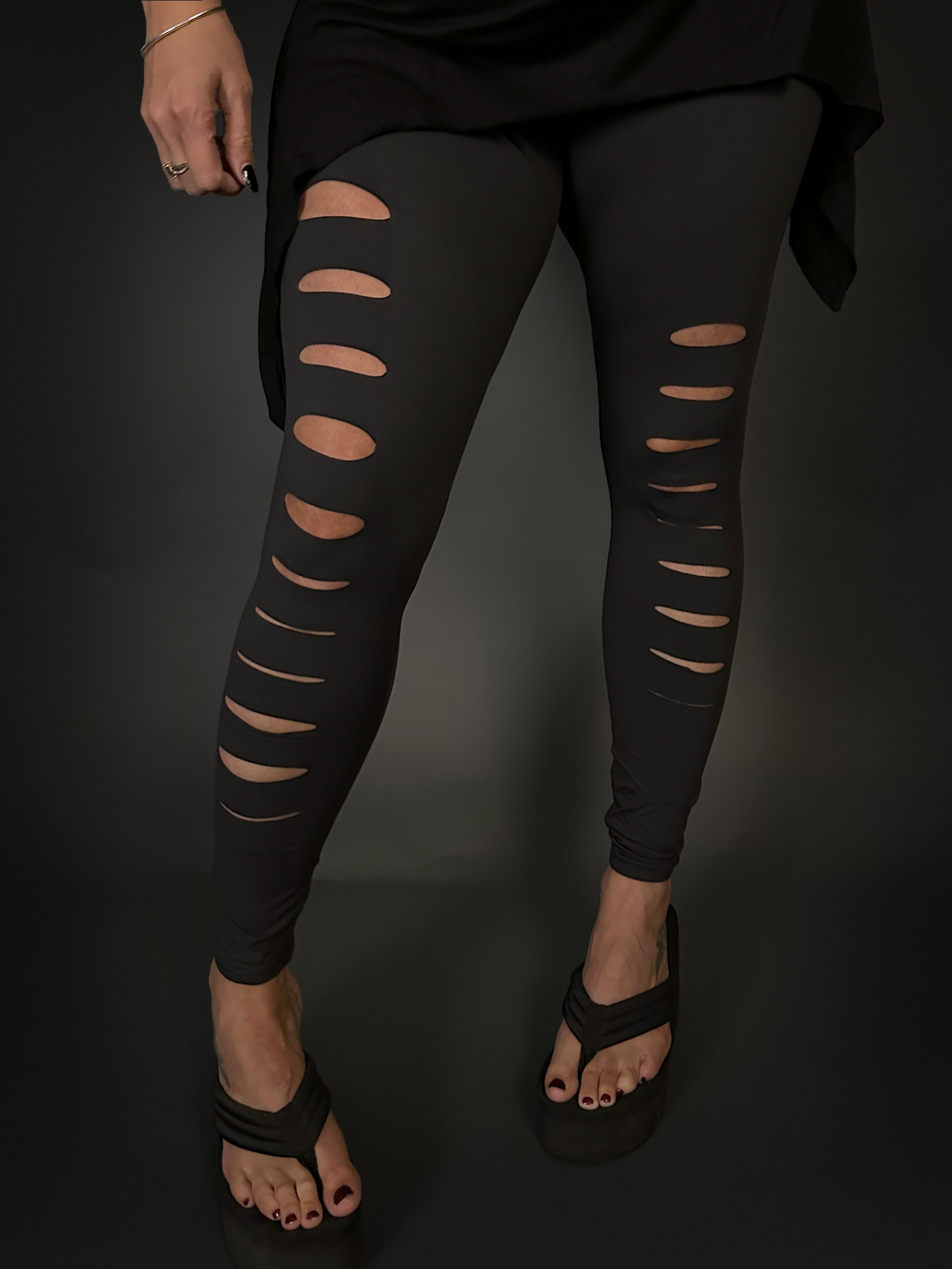 Distressed Ripped Stretch Leggings in Charcoal - Goth, Punk
