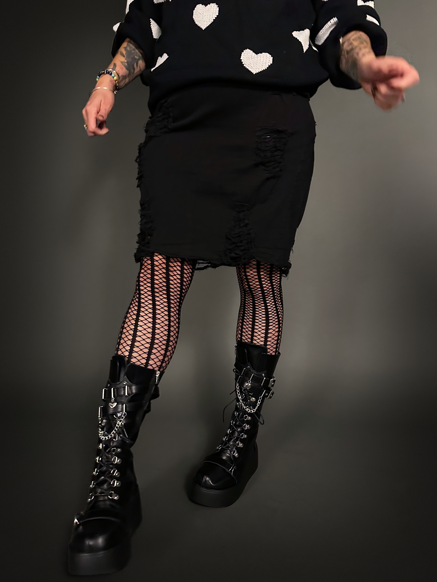 Distressed Ripped High Waist Stretch Denim Jean Skirt in Black Punk Style