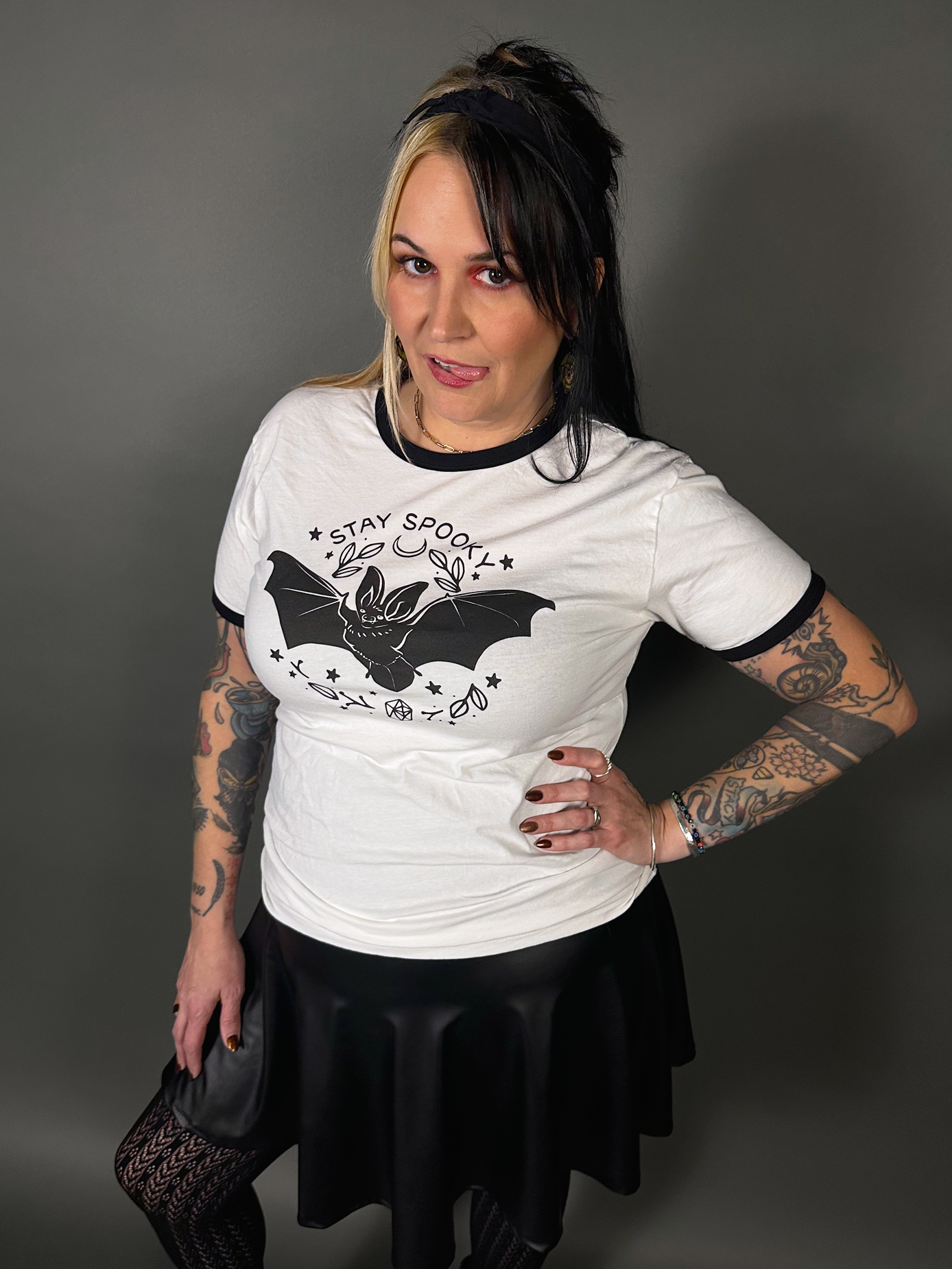 Espi Lane "Stay Spooky" Bat Graphic Ringer Tee in White & Black