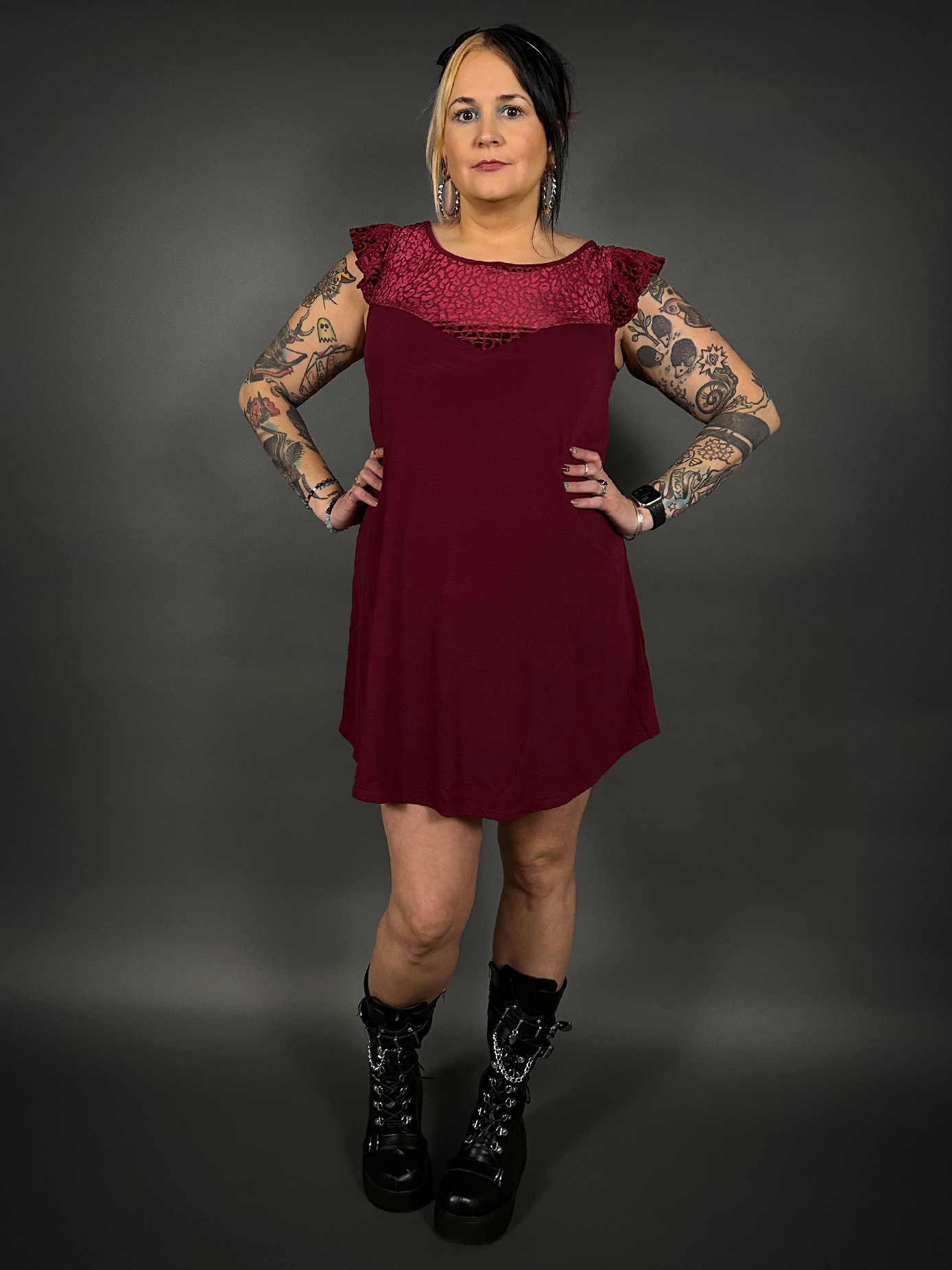 Flutter Sleeve Velvet / Sheer Animal Print Neckline Mini Dress in Wine –