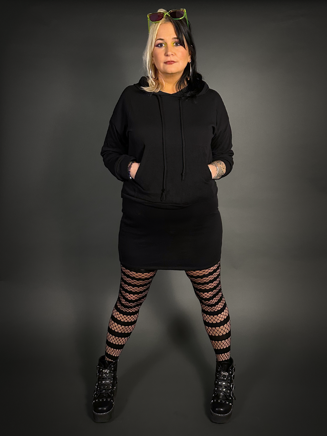 Hoodie Mini Dress Cotton Blend with Front Pocket in Black