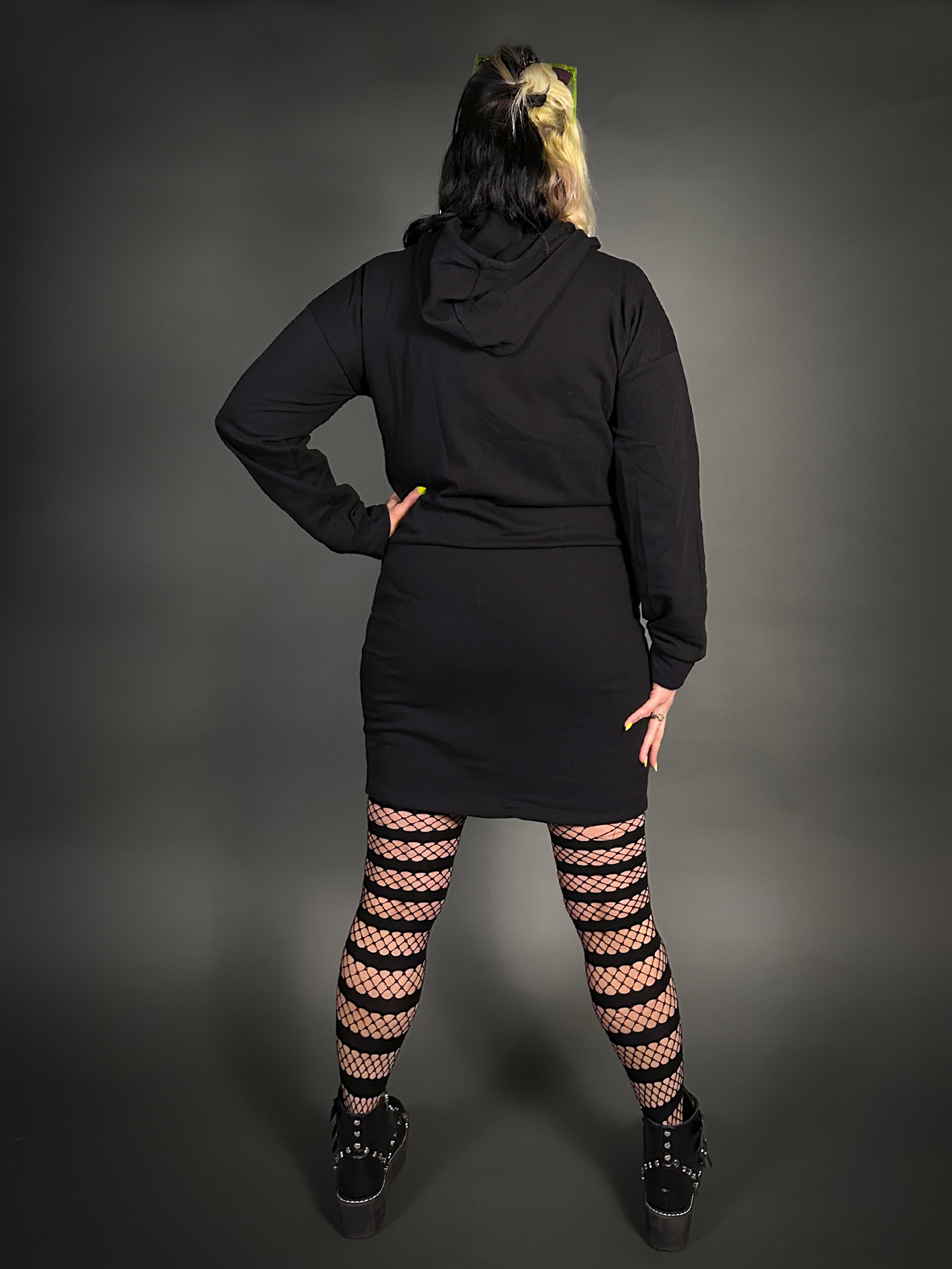 Hoodie Mini Dress Cotton Blend with Front Pocket in Black