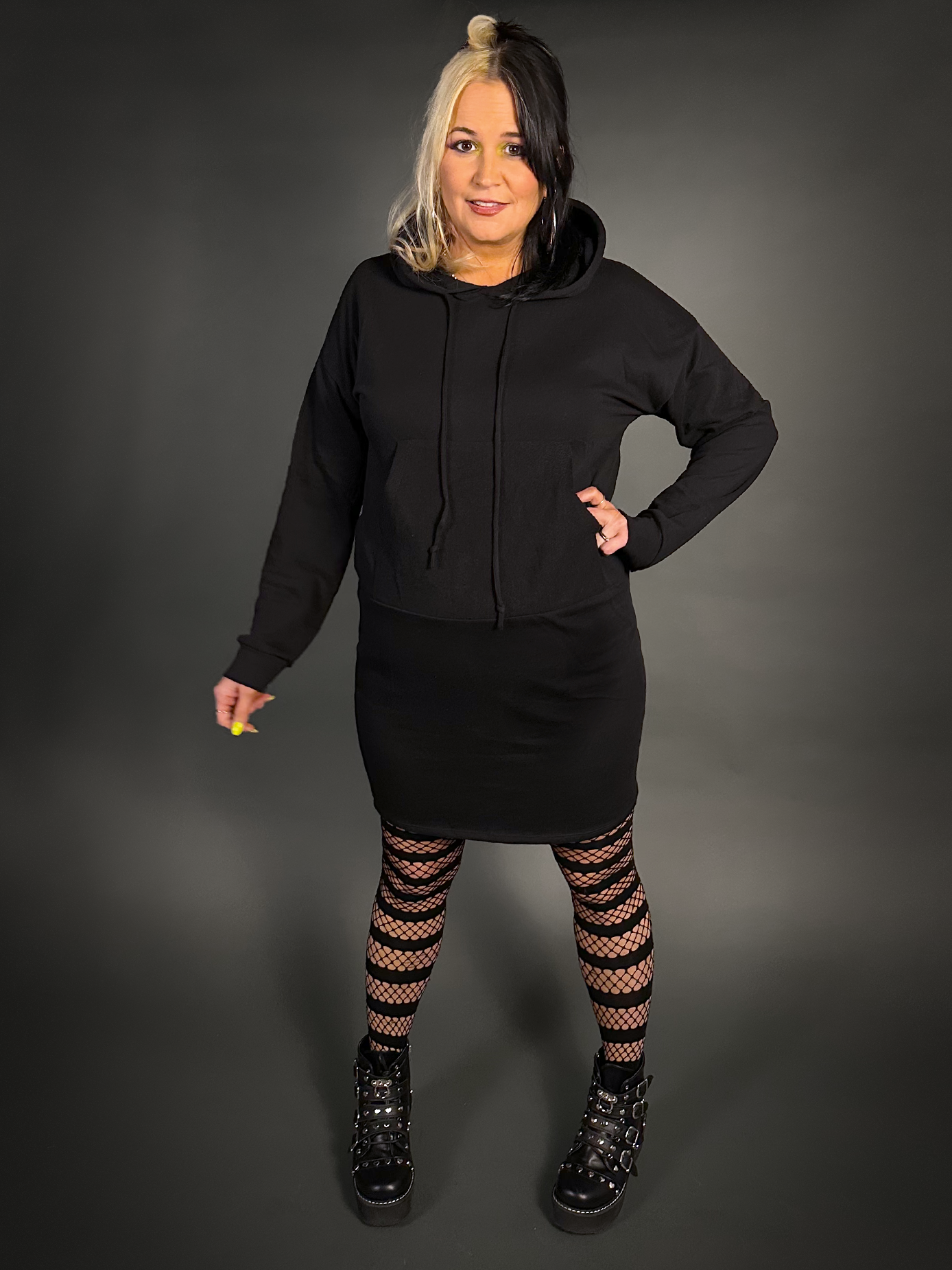 Hoodie Mini Dress Cotton Blend with Front Pocket in Black