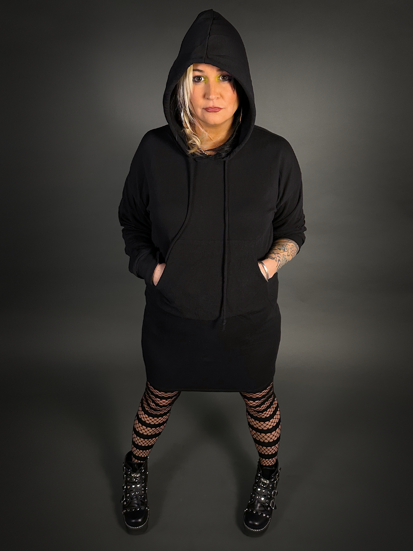 Hoodie Mini Dress Cotton Blend with Front Pocket in Black