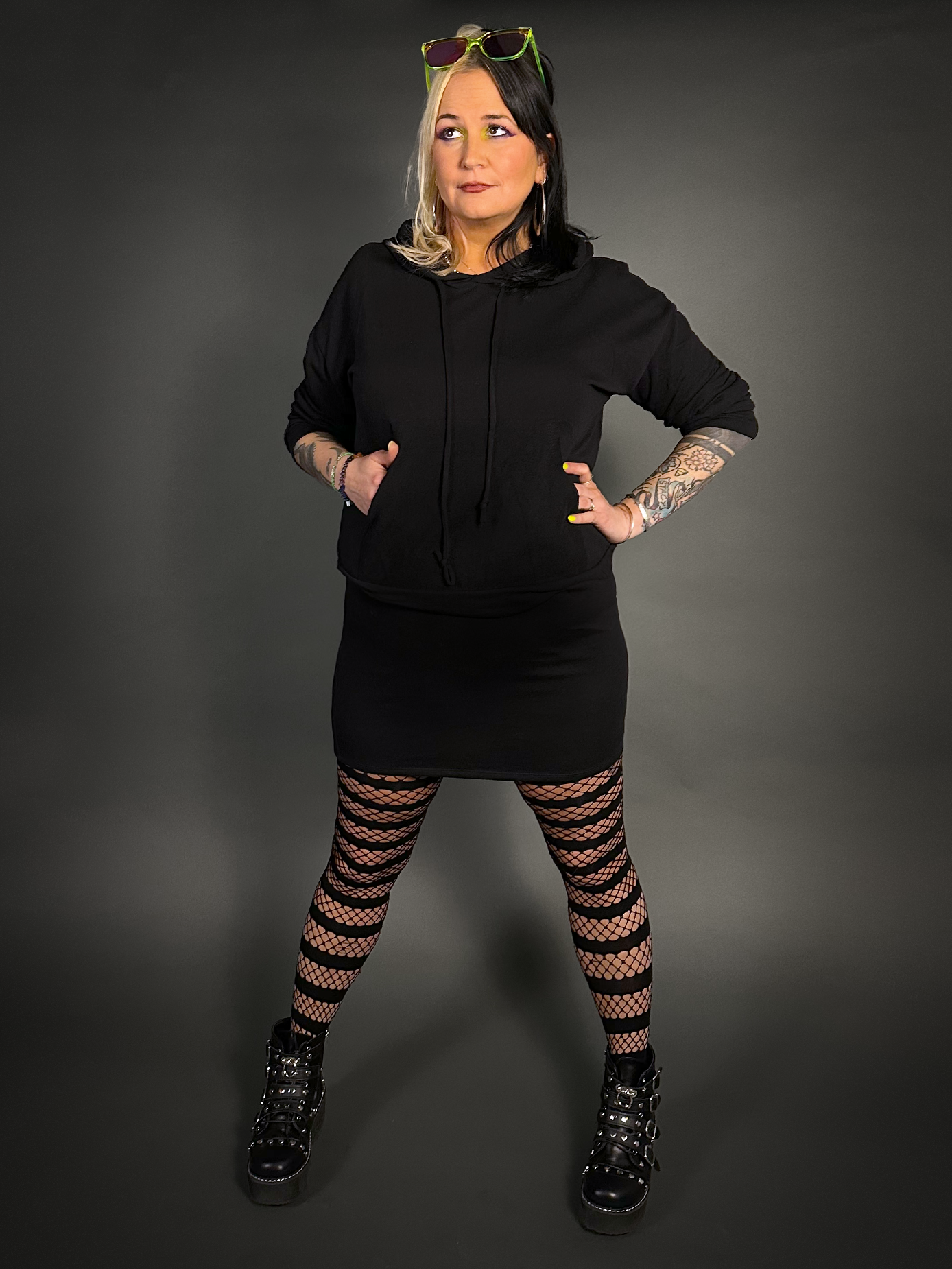 Hoodie Mini Dress Cotton Blend with Front Pocket in Black