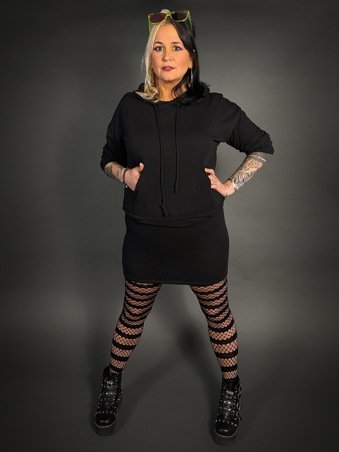 Hoodie Mini Dress Cotton Blend with Front Pocket in Black