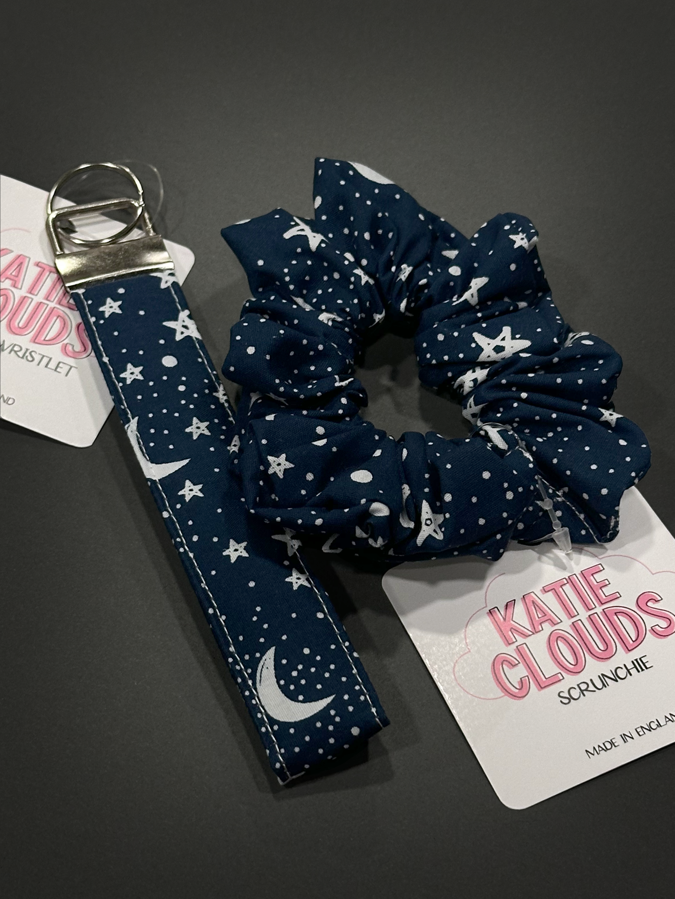 Katie Clouds Scrunchie & Keychain Wristlet Set - Moons & Stars - Hand Made in England