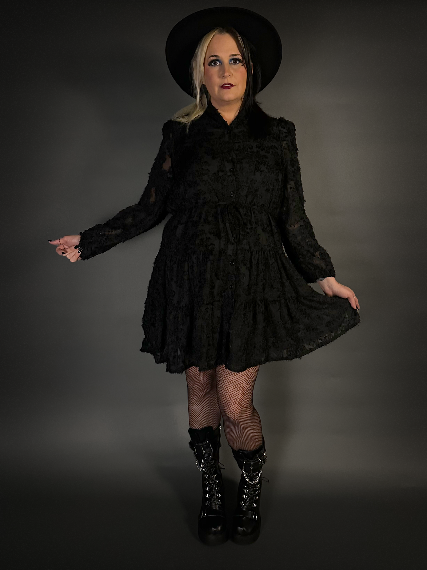 Long Sleeve Button-up Goth Dress with Fuzzy 3D Jacquard Lace in Black