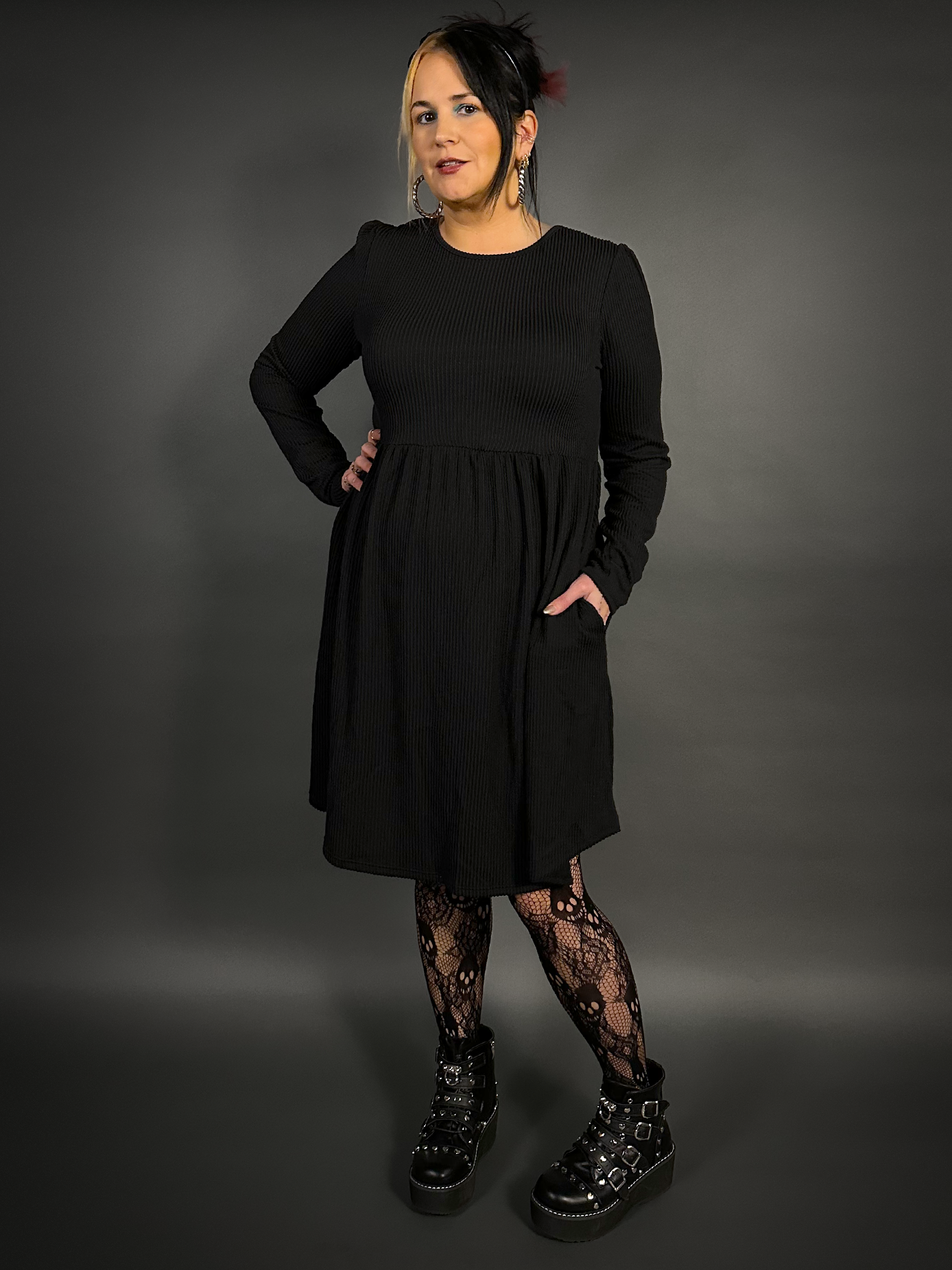 Long Sleeve Ribbed Babydoll Dress with Pockets in Black