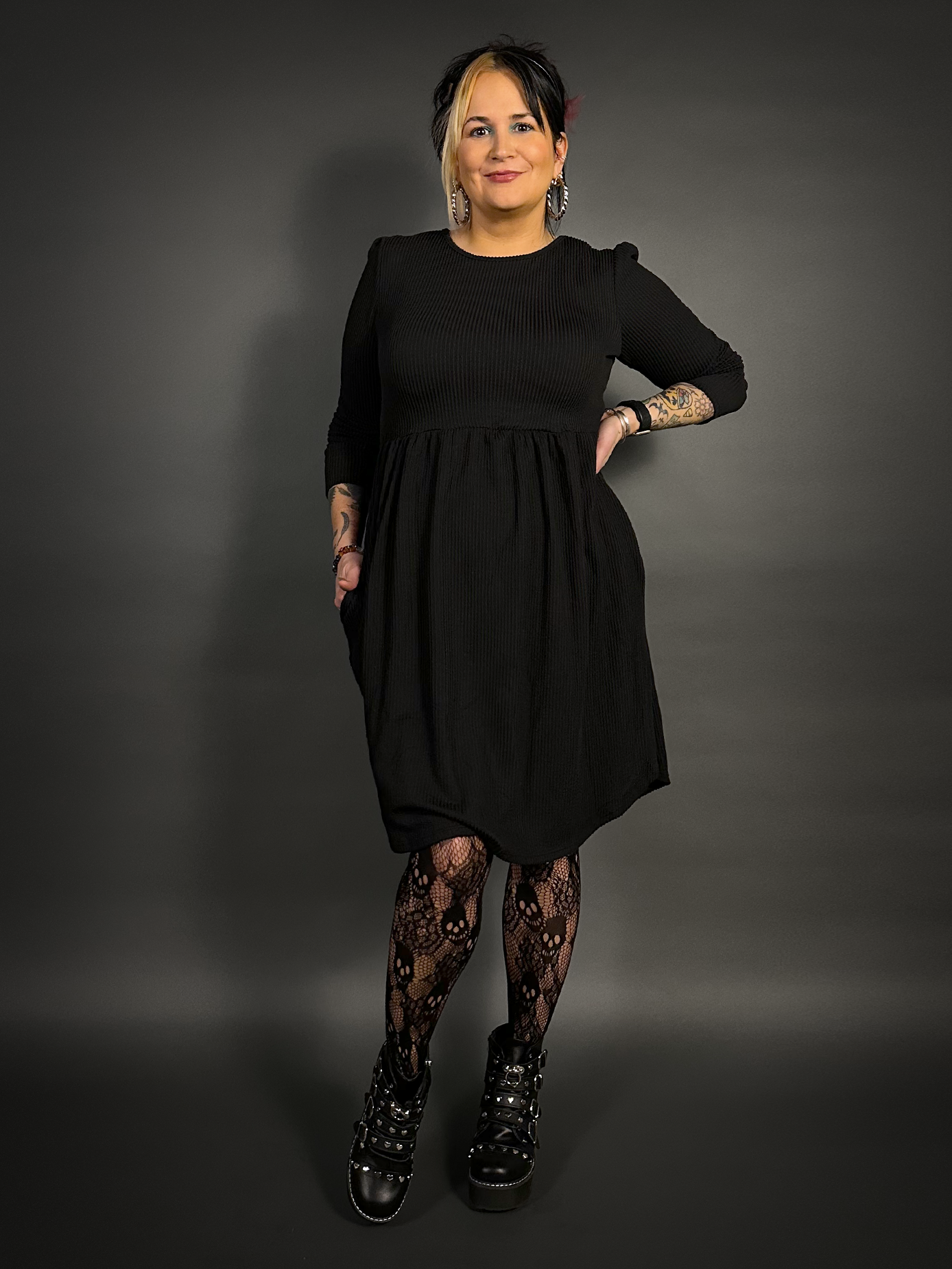Long Sleeve Ribbed Babydoll Dress with Pockets in Black Long Sleeve Ribbed Babydoll Dress with Pockets in Black