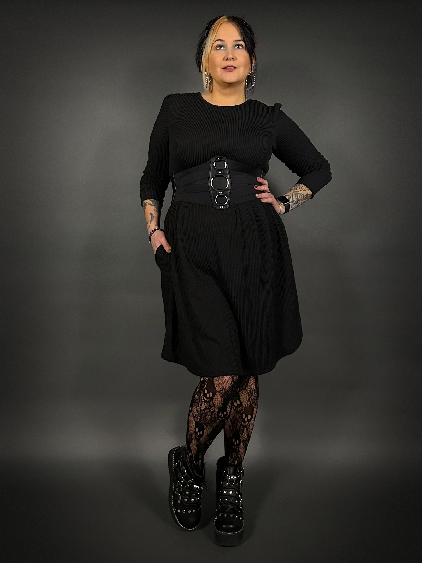 Outfit Set - Long Sleeve Ribbed Babydoll Dress & Three O-ring Front Detail Corset Belt