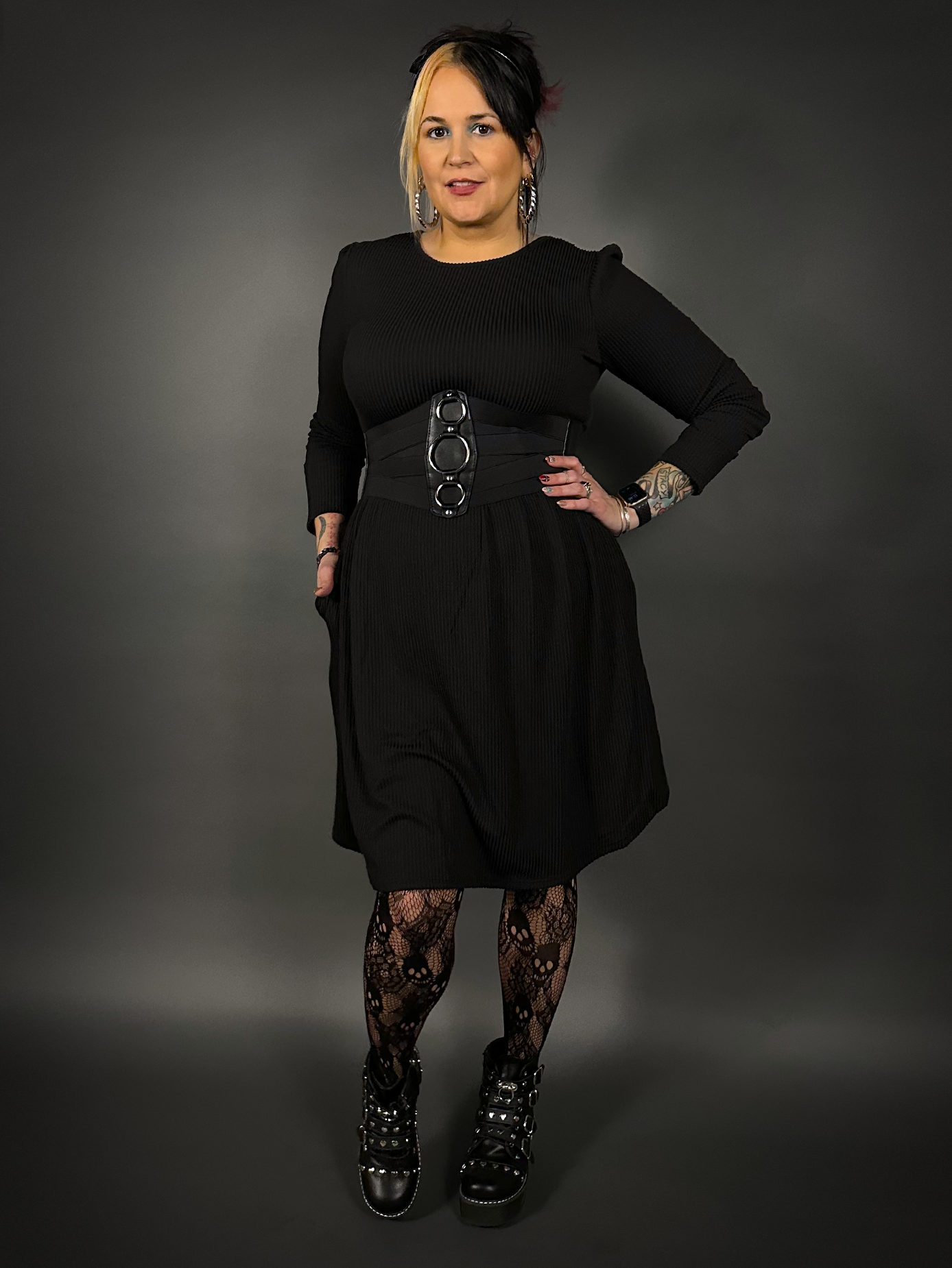 Outfit Set - Long Sleeve Ribbed Babydoll Dress & Three O-ring Front Detail Corset Belt