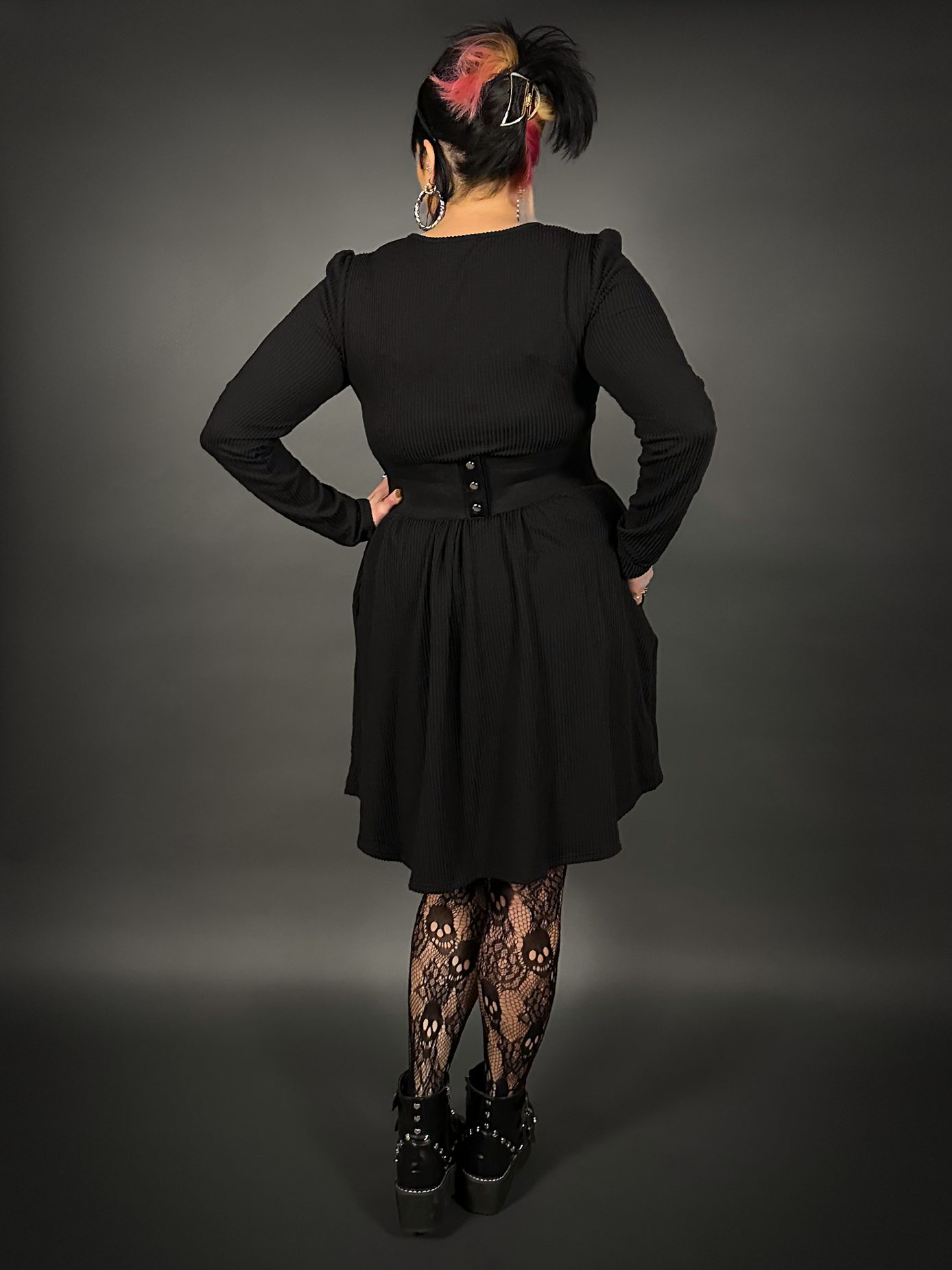 Outfit Set - Long Sleeve Ribbed Babydoll Dress & Three O-ring Front Detail Corset Belt
