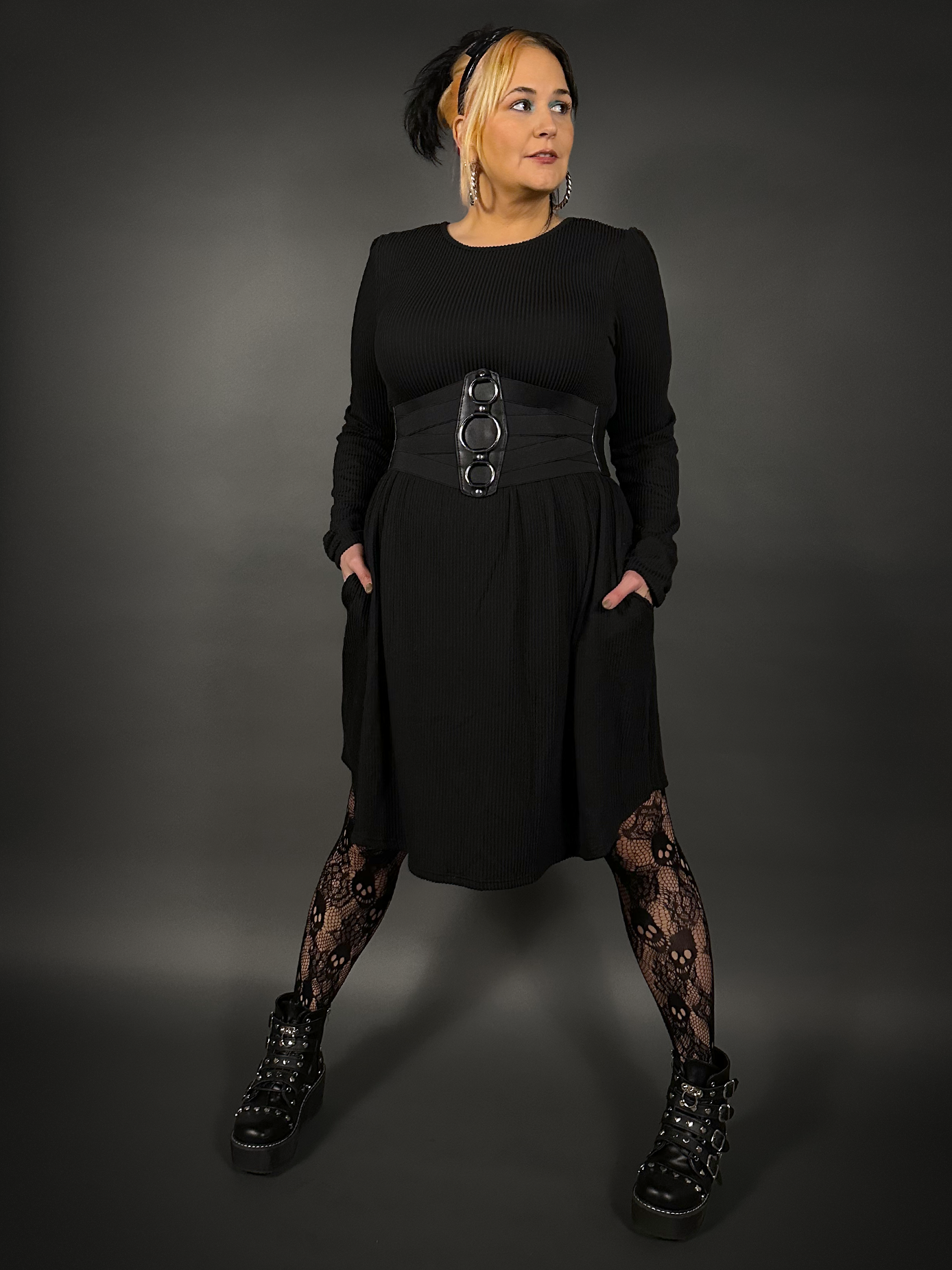 Outfit Set - Long Sleeve Ribbed Babydoll Dress & Three O-ring Front Detail Corset Belt