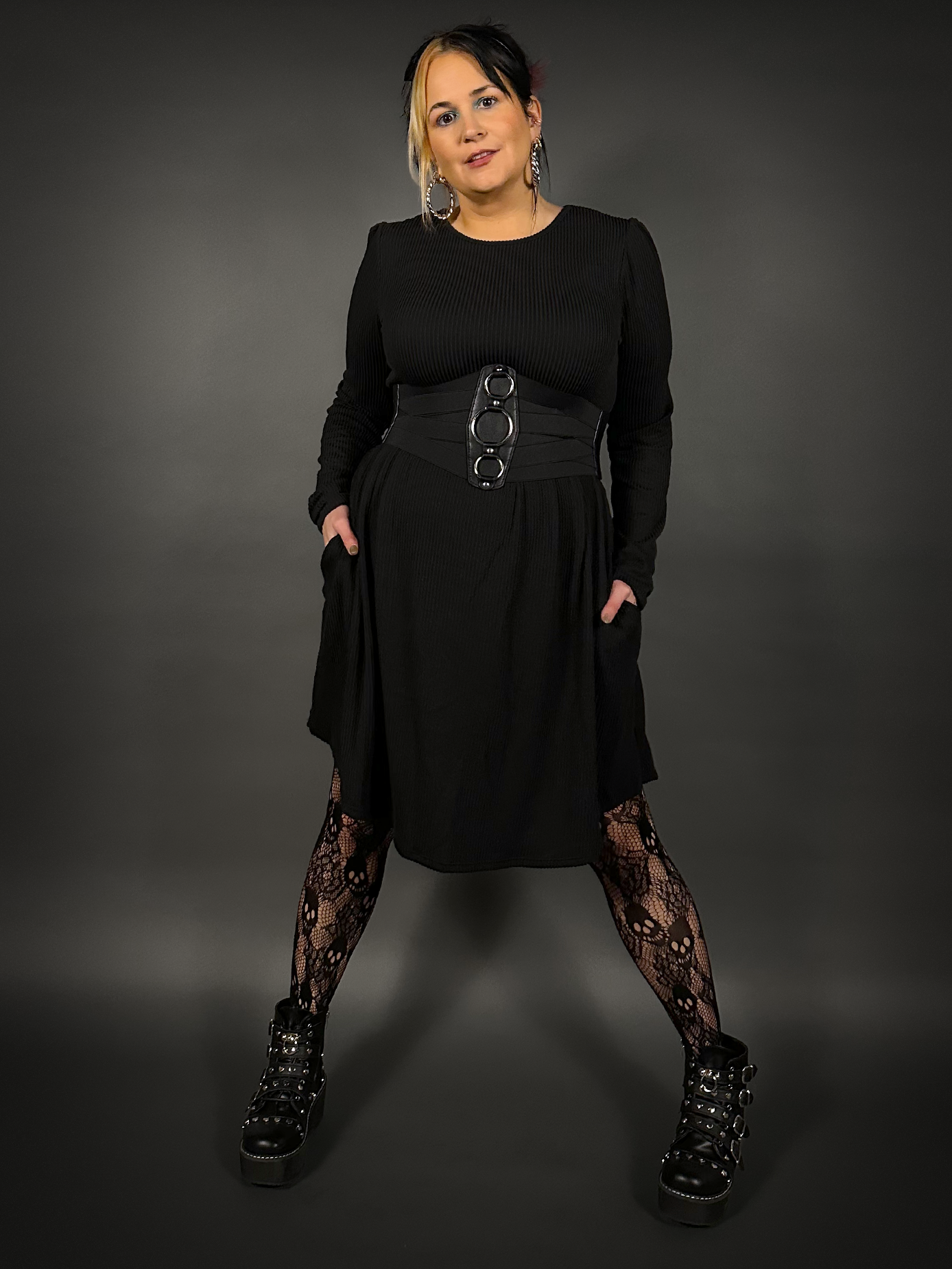 Outfit Set - Long Sleeve Ribbed Babydoll Dress & Three O-ring Front Detail Corset Belt