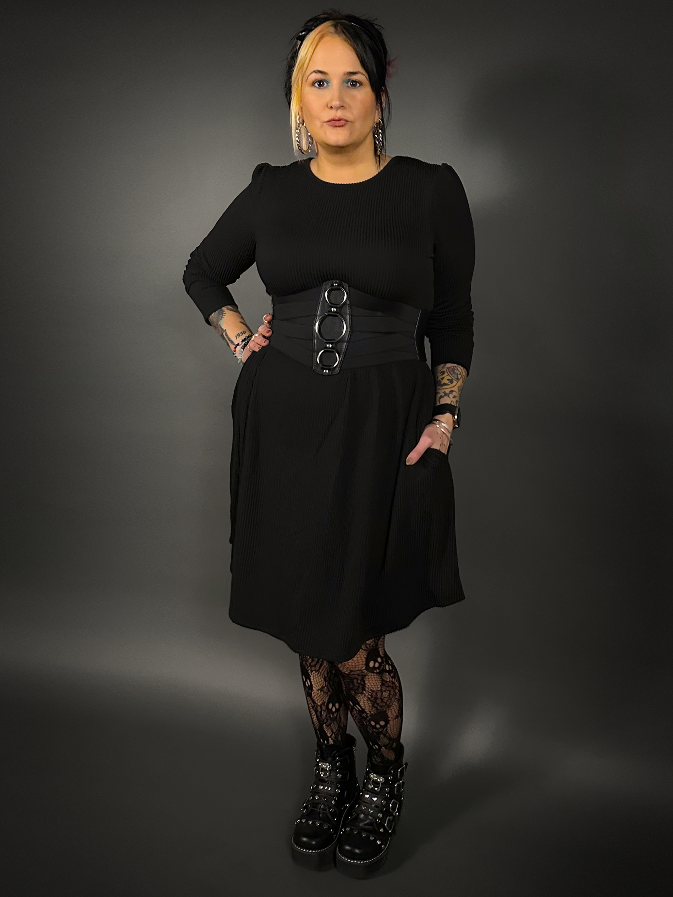 Outfit Set - Long Sleeve Ribbed Babydoll Dress & Three O-ring Front Detail Corset Belt