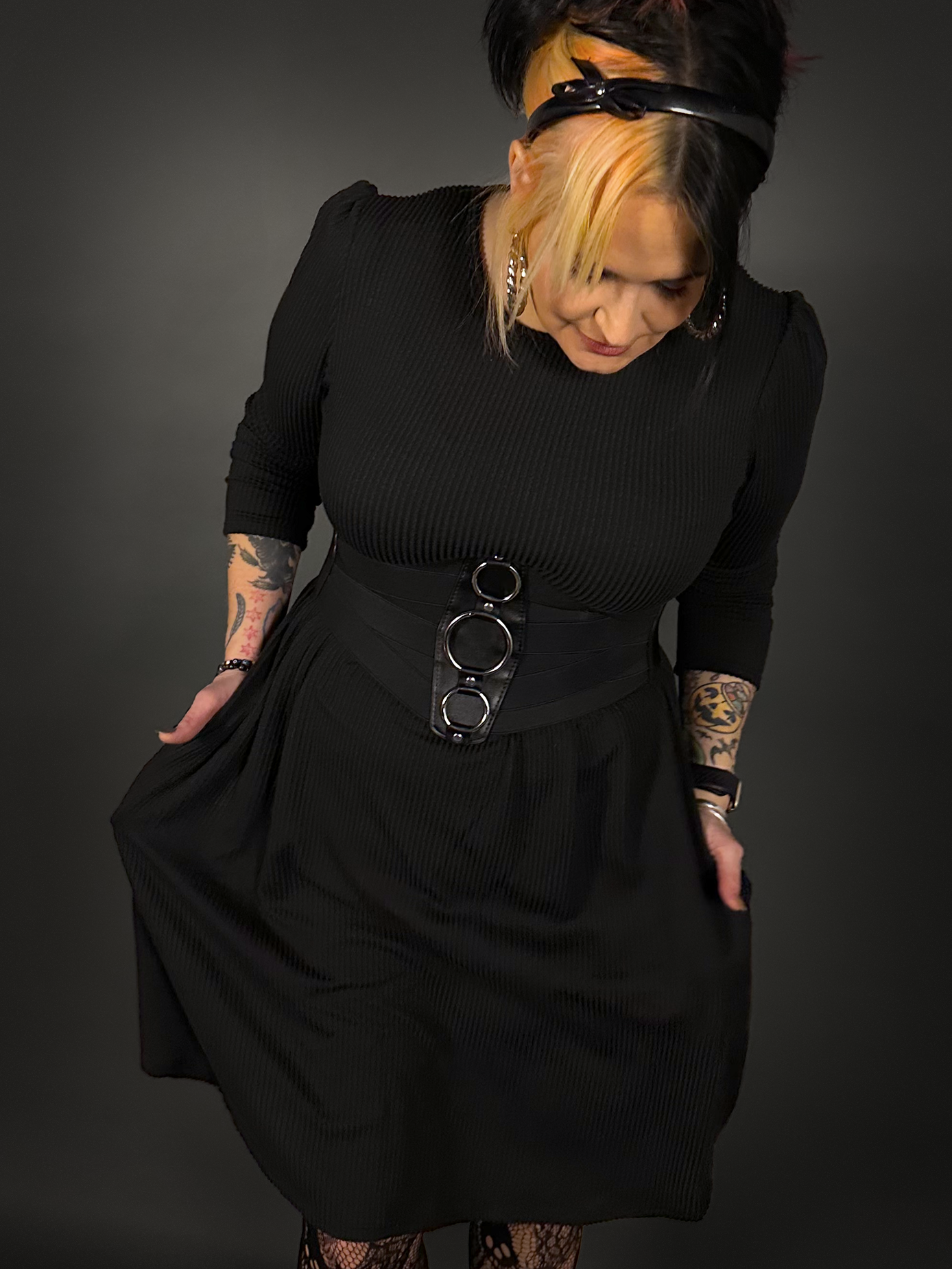 Outfit Set - Long Sleeve Ribbed Babydoll Dress & Three O-ring Front Detail Corset Belt