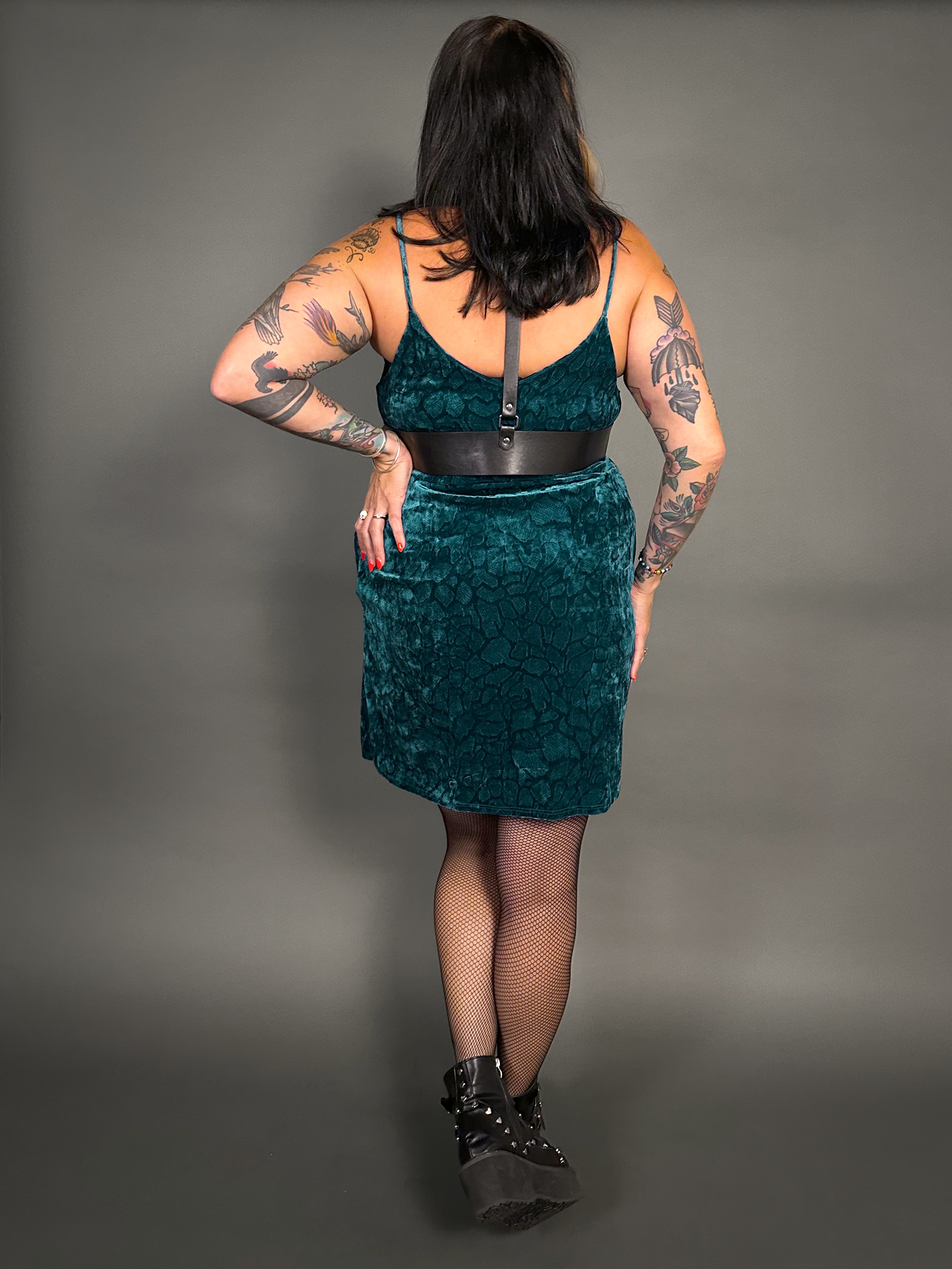 Outfit Set - Animal Ember Velvet Mini Dress in Teal  & Classic Black Harness Belt