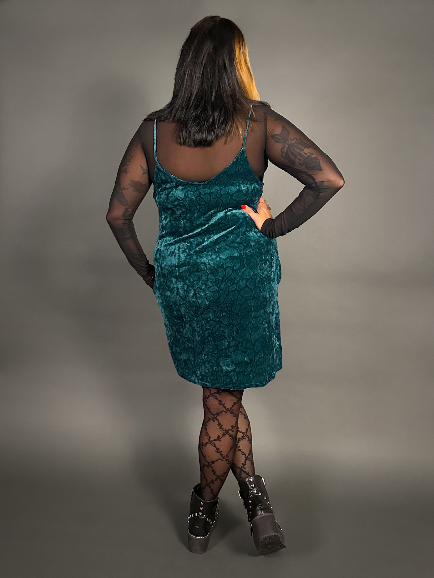 Outfit Set - Animal Ember Velvet Mini Dress in Teal & Sheer Round Neck Layering Top