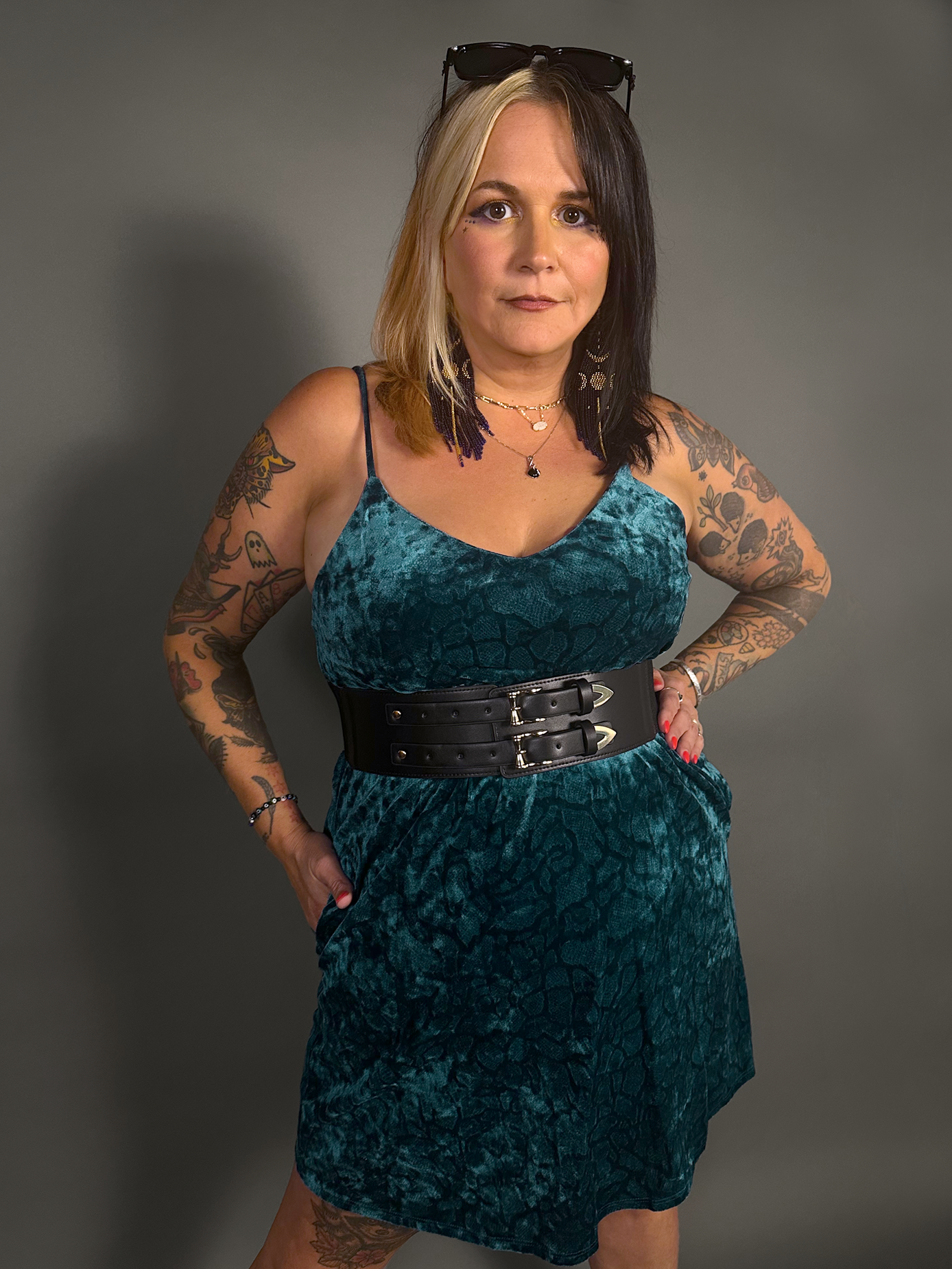 Outfit Set - Animal Ember Velvet Mini Dress in Teal & Two Buckle Corset Belt