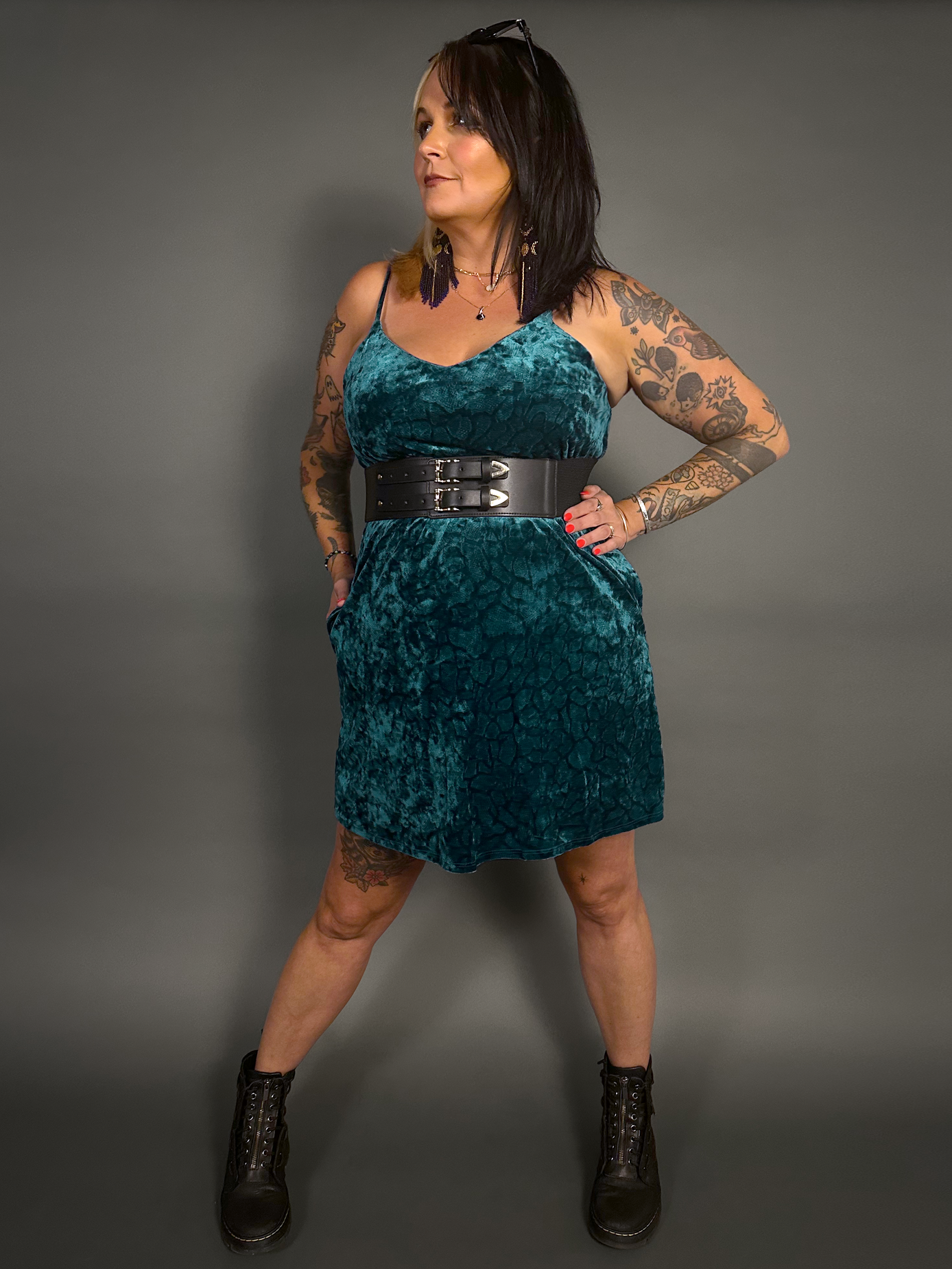Outfit Set - Animal Ember Velvet Mini Dress in Teal & Two Buckle Corset Belt