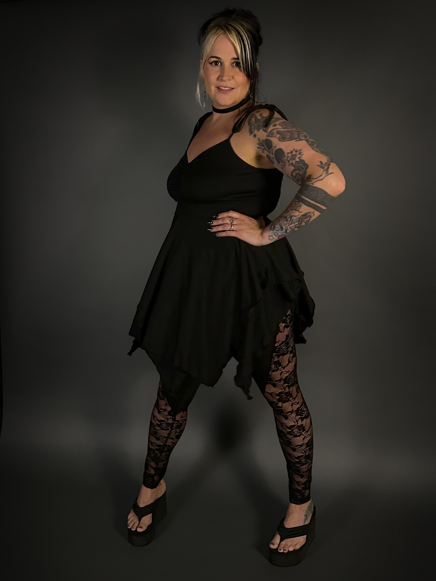 Outfit Set - Black Spaghetti Strap Fairy Dress & Rose Lace Translucent Leggings