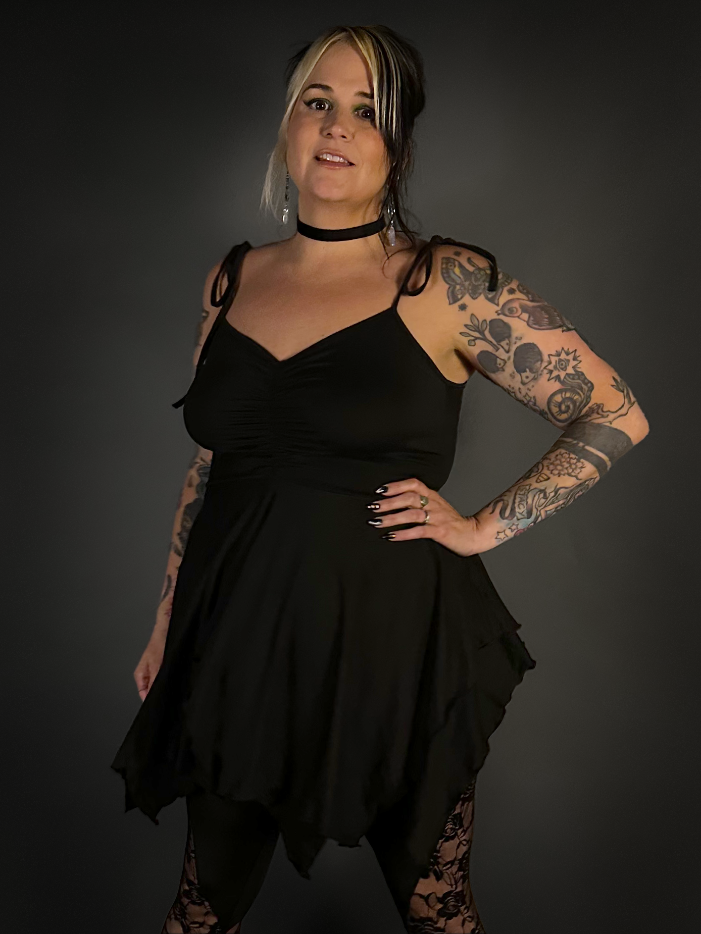 Outfit Set - Black Spaghetti Strap Fairy Dress & Rose Lace Translucent Leggings