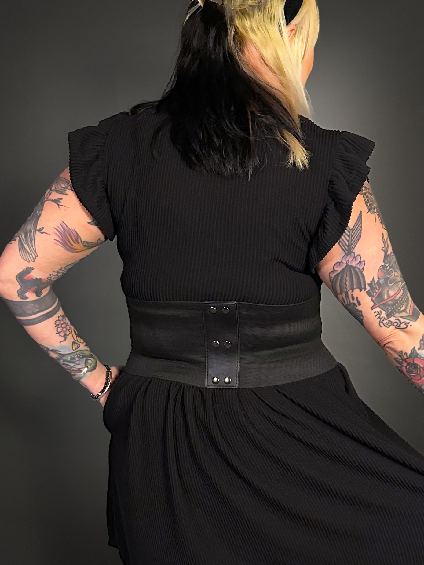 Outfit Set - Butterfly Short Sleeve Ribbed Babydoll Dress & Wide Front Laces Corset Belt