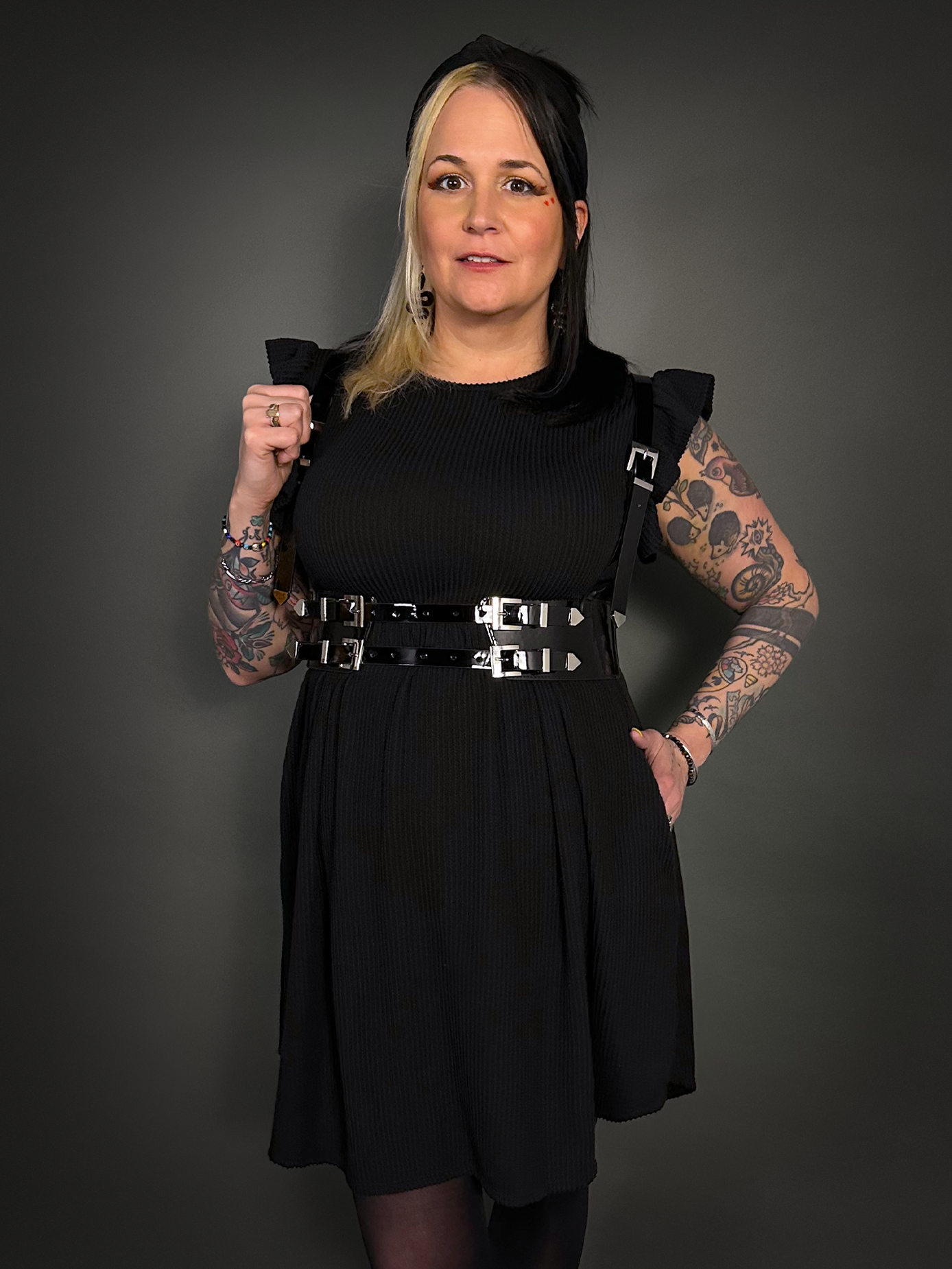 Outfit Set - Butterfly Short Sleeve Ribbed Babydoll Dress & Patent PU Leather Harness Belt