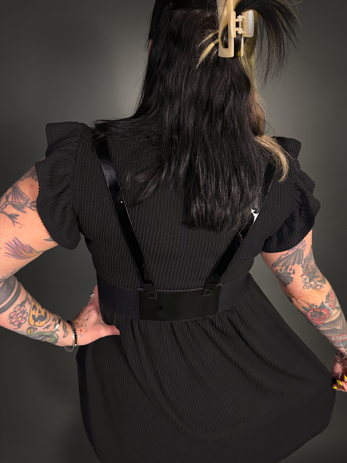 Outfit Set - Butterfly Short Sleeve Ribbed Babydoll Dress & Patent PU Leather Harness Belt