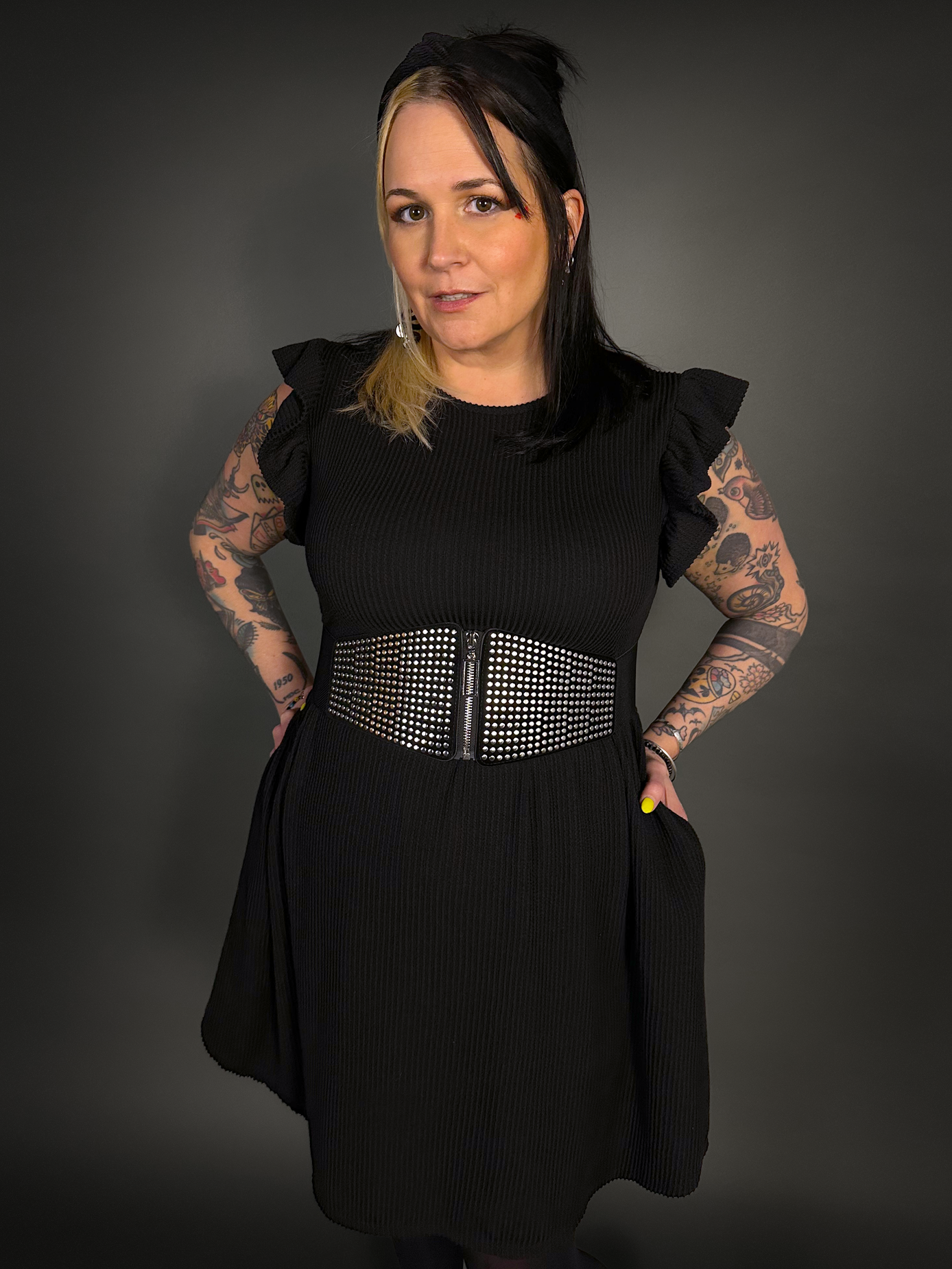 Outfit Set - Butterfly Short Sleeve Ribbed Babydoll Dress & Round Studs Zip-up Corset Belt