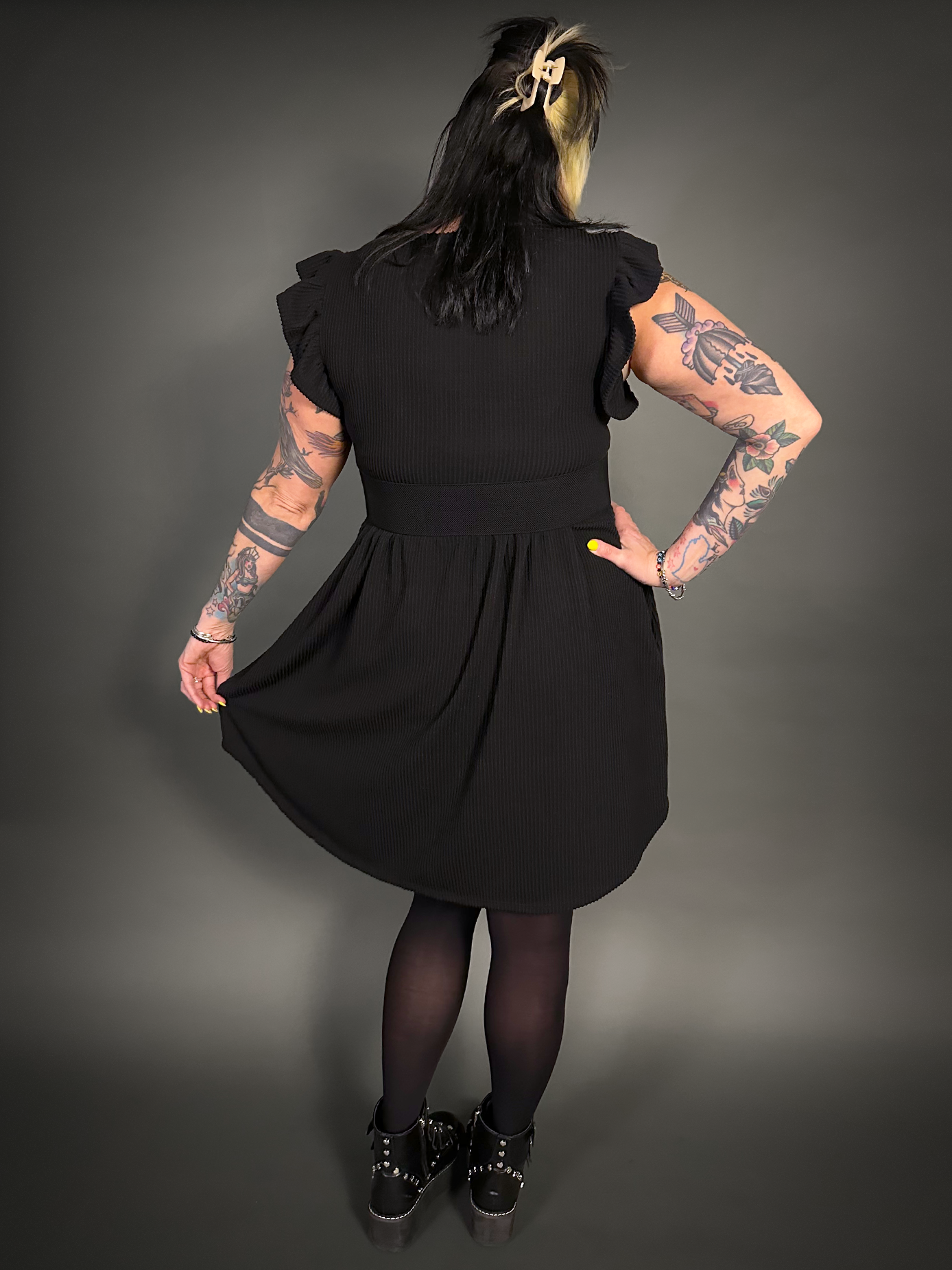 Outfit Set - Butterfly Short Sleeve Ribbed Babydoll Dress & Round Studs Zip-up Corset Belt