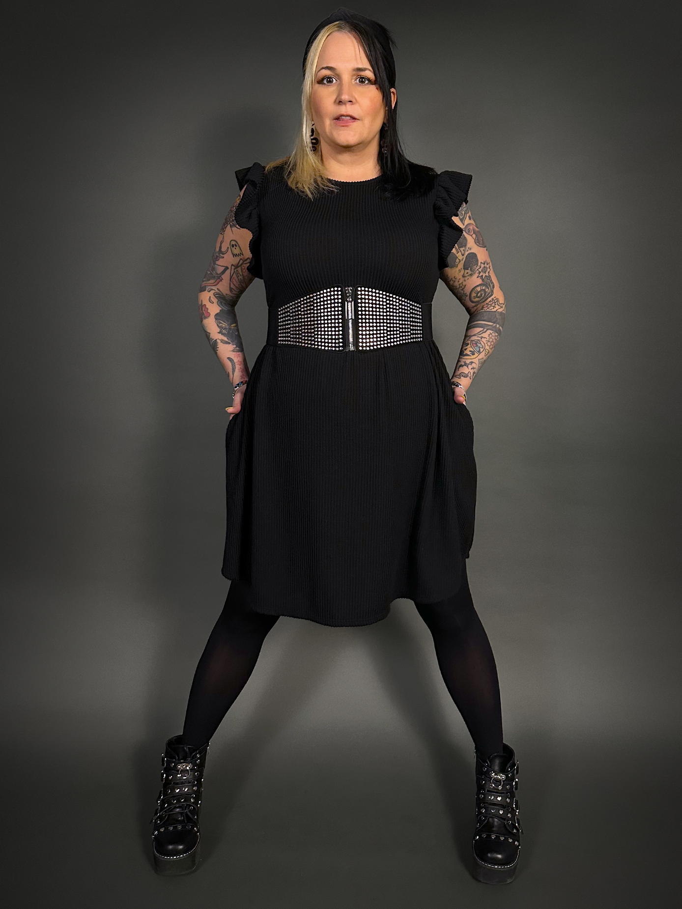 Outfit Set - Butterfly Short Sleeve Ribbed Babydoll Dress & Round Studs Zip-up Corset Belt