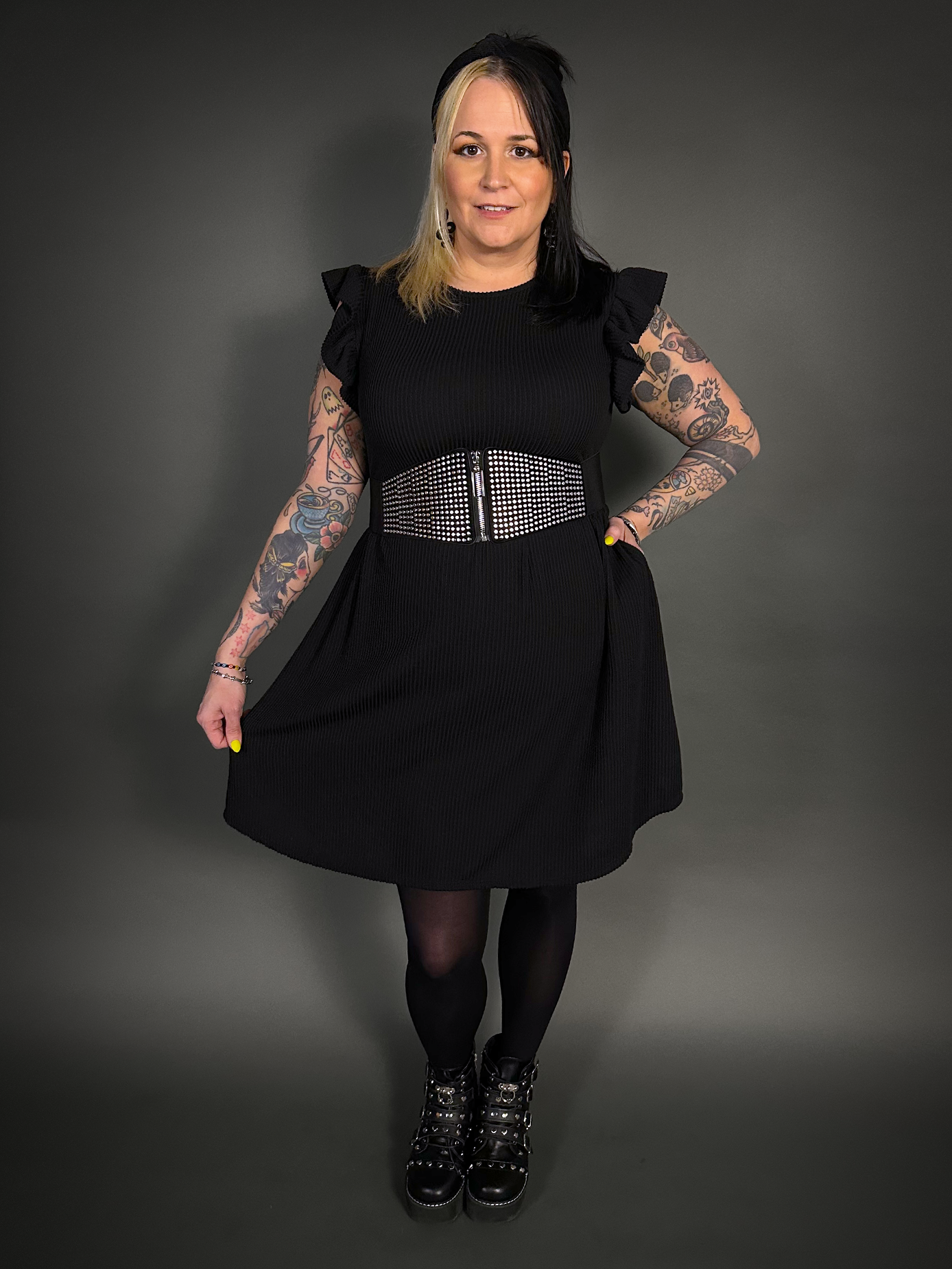Outfit Set - Butterfly Short Sleeve Ribbed Babydoll Dress & Round Studs Zip-up Corset Belt